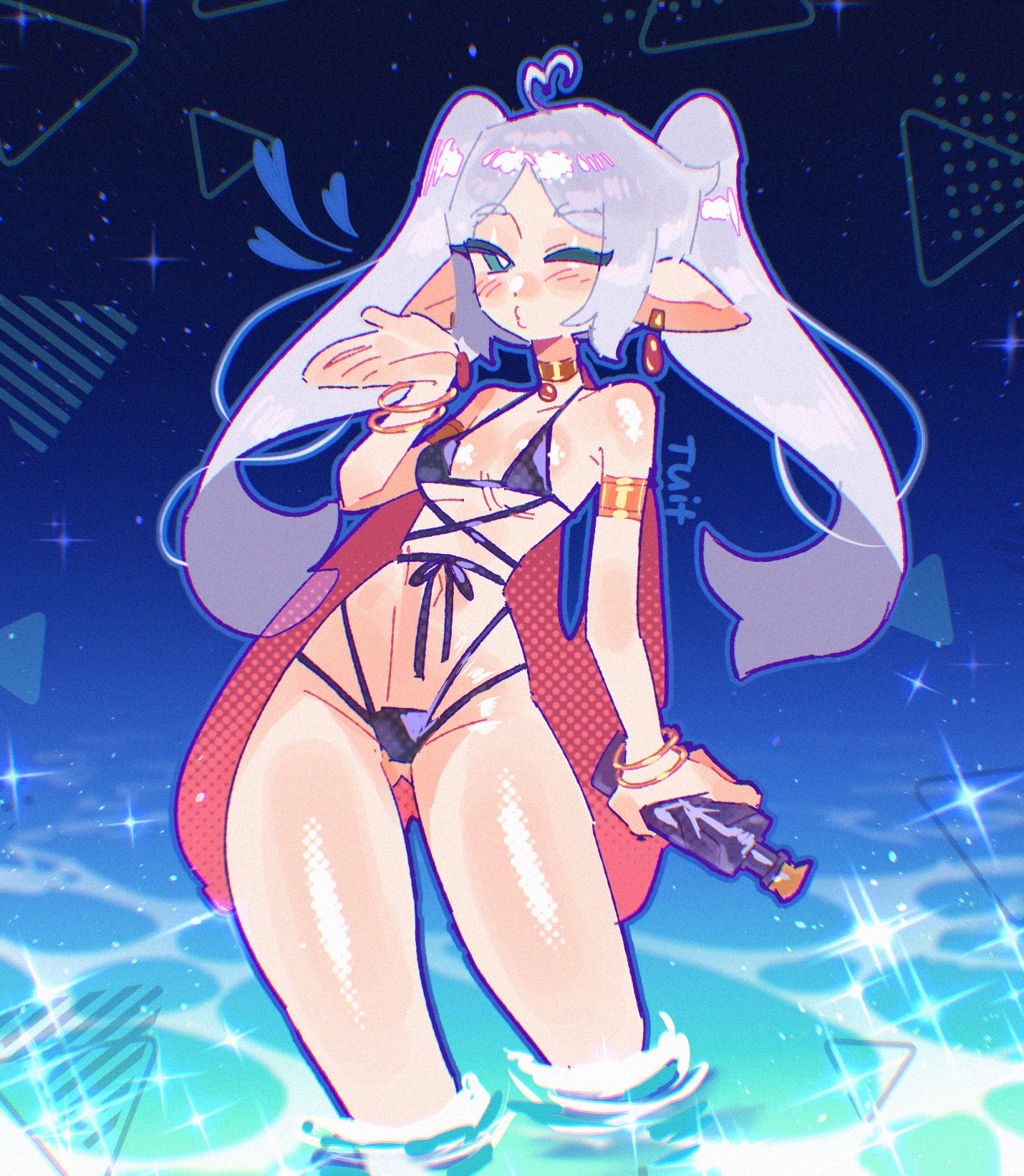 1girls, armlet, bikini, blush, bracelet, closed eyes, earrings, elf, female, female only, frieren, green eyes, jewelry, kissing, long hair, navel, pointy ears, ring, solo, sousou no frieren, sparkle, swimsuit, tuif, tuiffff, twintails, wading, water, white hair
