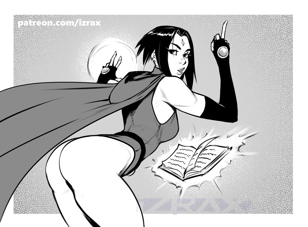 1girls, 2025, 2d, artist name, ass, ass focus, belt, book, brat, bratty, cloak, dc, dc comics, digital media (artwork), female, female only, flipping off, forehead jewel, greyscale, hi res, hood down, izra, leotard, looking at viewer, looking back, magic, middle finger, raven (dc), short hair, solo, solo female, teen titans