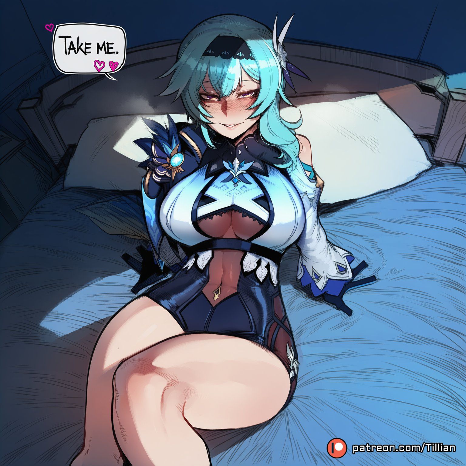 aether (genshin impact), ai generated, arm support, bed, black gloves, black hairband, blue hair, blue necktie, blush, bodystocking, breasts, clothing cutout, come hither, covered navel, english text, eula (genshin impact), female, genshin impact, gloves, hair between eyes, hair ornament, hairband, half-closed eyes, heart, high-waist shorts, large breasts, leotard, long sleeves, looking at viewer, medium hair, naughty face, necktie, on bed, parted lips, patreon logo, patreon username, pillow, purple eyes, seductive smile, shoulder cutout, sitting, smile, solo, speech bubble, thick thighs, thighs, tillian, vision (genshin impact), web address