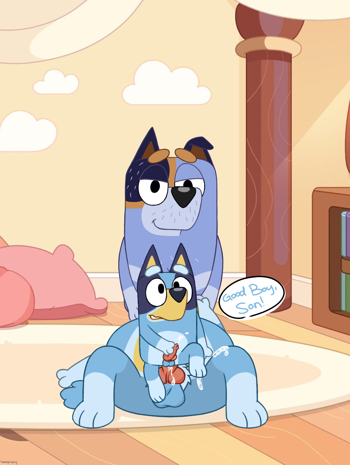 anal, anal sex, anthro, balls, bandit heeler, bluey (series), bluey heeler, brother, canid, canine, canis, cub, cum, cum in mouth, domestic dog, incest, knot, male, male cub, male only, oral, penis, rule 63, stripe heeler