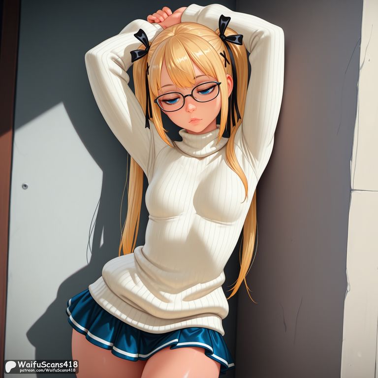 against wall, ai generated, arms up, bangs, black ribbon, blonde hair, blue eyes, breasts, closed mouth, cowboy shot, dead or alive, female, hair ornament, hair ribbon, high resolution, highres, lips, long hair, long sleeves, looking at viewer, marie rose, patreon username, ribbon, small breasts, solo, stable diffusion, standing, thighhighs, thighs, twintails, waifuscans418, x hair ornament