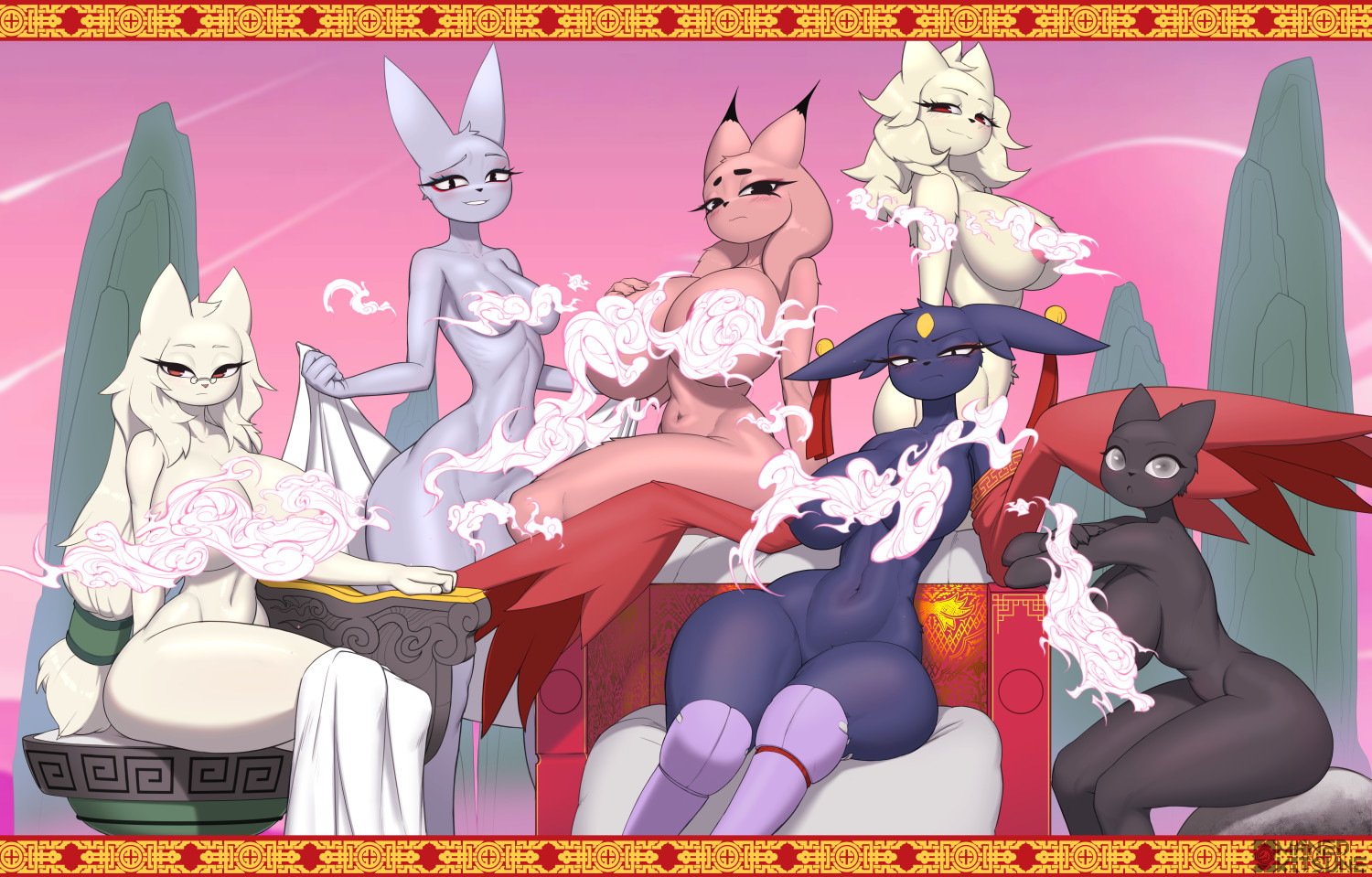 2025, anthro, areola, armwear, big breasts, black eyes, black nose, blue body, blue fur, blush, blush lines, breasts, chien (nine sols), clothing, detached sleeves, ear piercing, ear tuft, eyelashes, eyeshadow, eyewear, felid, feline, female, floppy ears, forehead gem, front view, fur, gem, genitals, glasses, gou mang (nine sols), goumang (nine sols), grey body, grey eyes, grey fur, group, halo, hand on chest, heng (nine sols), hi res, huge breasts, lady ethereal (nine sols), liwen (nine sols), long sleeves, looking at viewer, lop ears, makeup, mammal, maned kitsune, manedkitsune, navel, nine sols, nipples, nude, nude anthro, nude female, nuwa (nine sols), piercing, pink areola, pink body, pink fur, pink nipples, prosthetic, prosthetic leg, prosthetic limb, pupils, pussy, red armwear, red candle games, red clothing, red eyes, red eyeshadow, sitting, slit pupils, small breasts, smile, solarian, thick thighs, towel, tuft, vulva, white body, white fur, wide hips