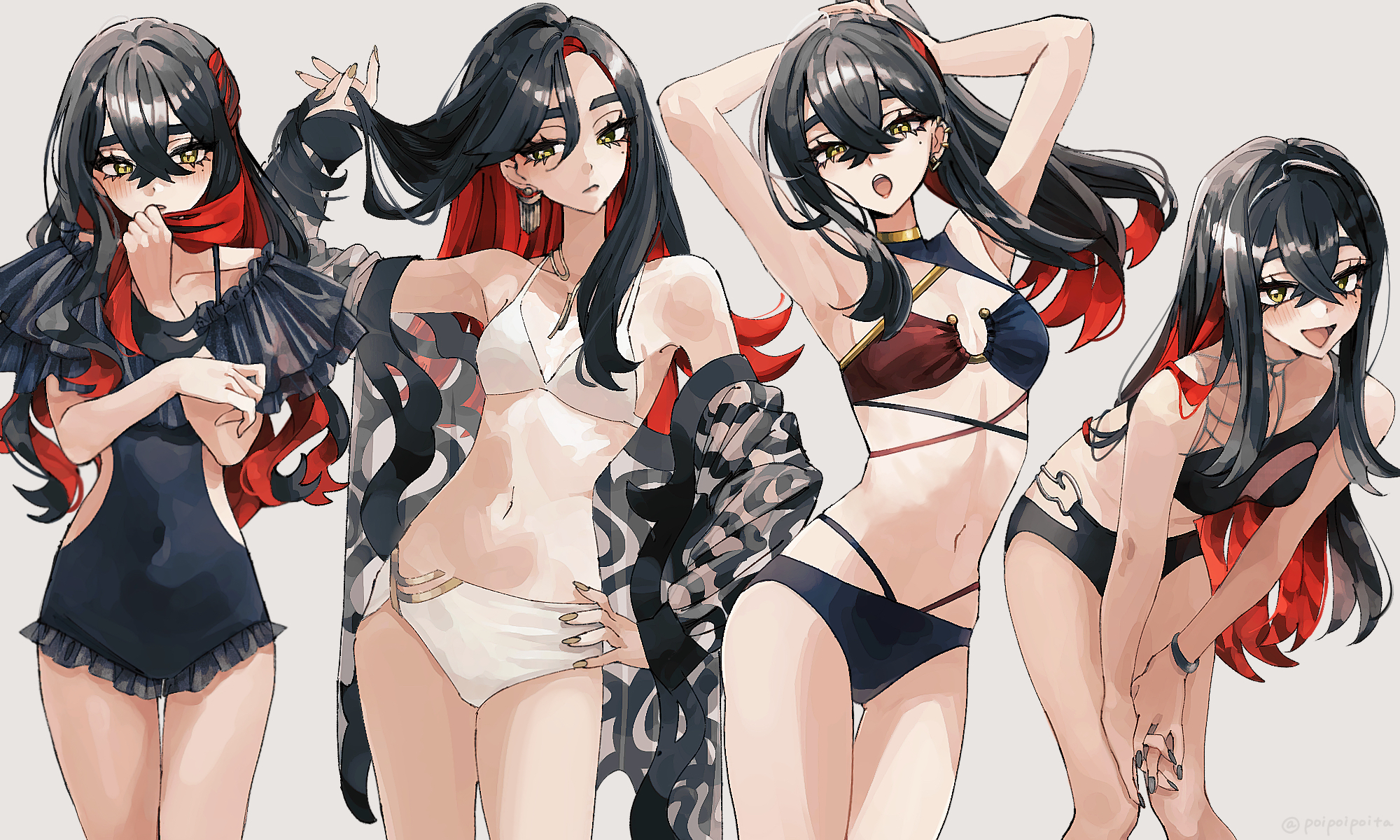 alternate costume, arms behind head, bikini, black hair, black one-piece swimsuit, carmine (pokemon), collarbone, commentary request, ear piercing, earrings, eyelashes, female, female only, hair between eyes, hand on own hip, hand up, highres, jewelry, leaning forward, long hair, looking at viewer, mole, mole under eye, multicolored hair, multiple views, nintendo, off shoulder, one-piece swimsuit, open mouth, paddy field, piercing, pokemon, pokemon sv, red hair, shirt, smile, swimsuit, two-tone hair, white bikini, yellow eyes