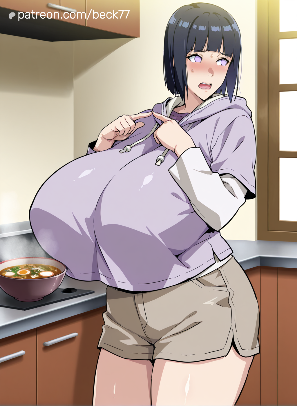1girls, ai generated, alternate breast size, beck77, blush, breasts, embarrassed, female, gigantic breasts, hyuuga hinata, light skin, light-skinned female, looking away, naruto, naruto (series), ramen, sweat, sweatdrop, thick thighs, thighs, uzumaki hinata