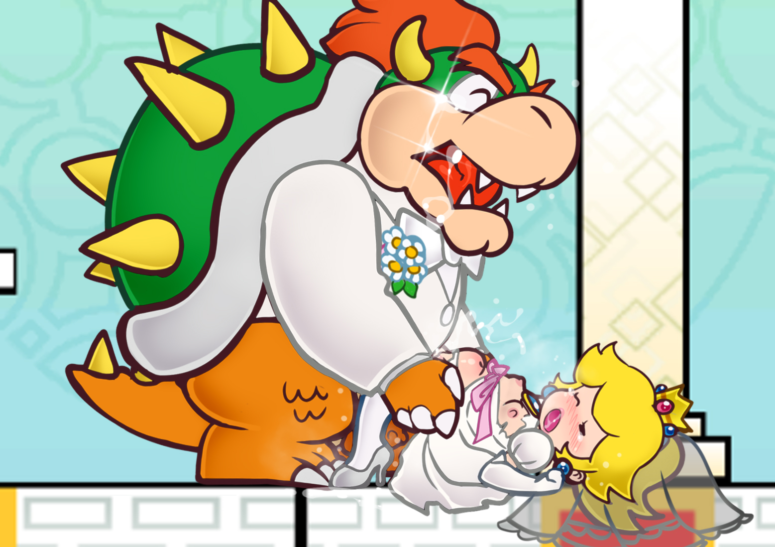 1boy, 1girls, accurate art style, anthro, anthro on human, blonde female, blonde hair, bowser, clothing, crying, duo, eyes closed, female, furry, furry male, human, human on anthro, indoors, interspecies, jcm2, king, koopa, larger male, laying on ground, male, male/female, mammal, mario (series), married couple, monster, monster cock, nintendo, paper bowser, paper mario, paper peach, penis, penis in pussy, princess, princess peach, pussy, rape, raped, raped by monster, reptile, ripped clothing, royalty, scalie, sex, size difference, smaller female, stomach bulge, super mario bros., super paper mario, wedding dress, wedding veil, white dress