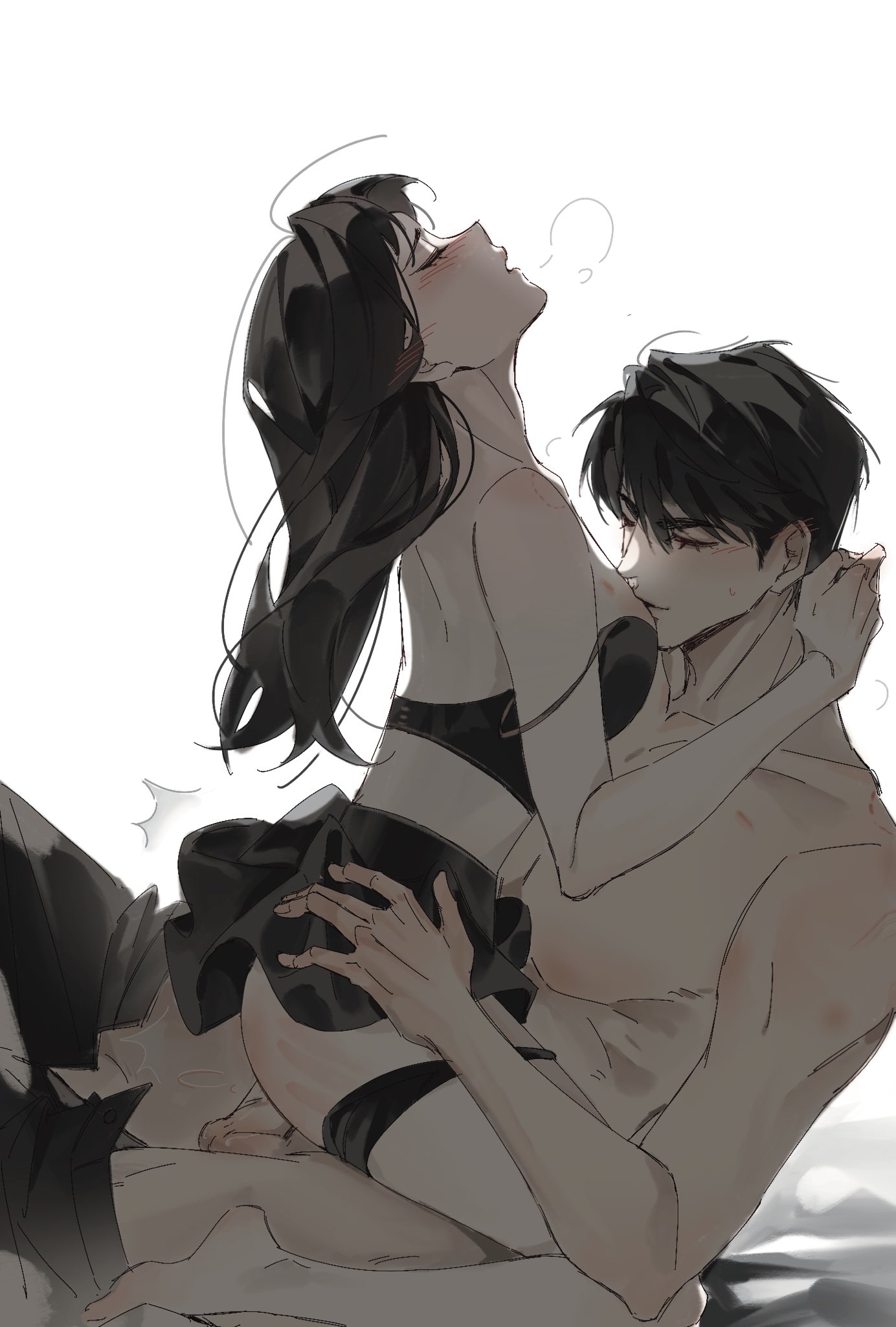 1boy1girl, black bra, black panties, black skirt, blush, blush lines, breasts, caleb (love and deep space), closed eyes, cowgirl position, dark hair, female, female on top, half dressed, hand mark, hand on hips, kissing breasts, light skin, long hair, love and deep space, male, panties pulled down, pants pulled down, pleasure face, protagonist (love and deep space), riding, romantic, shirtless male, straight, sunset pomelo