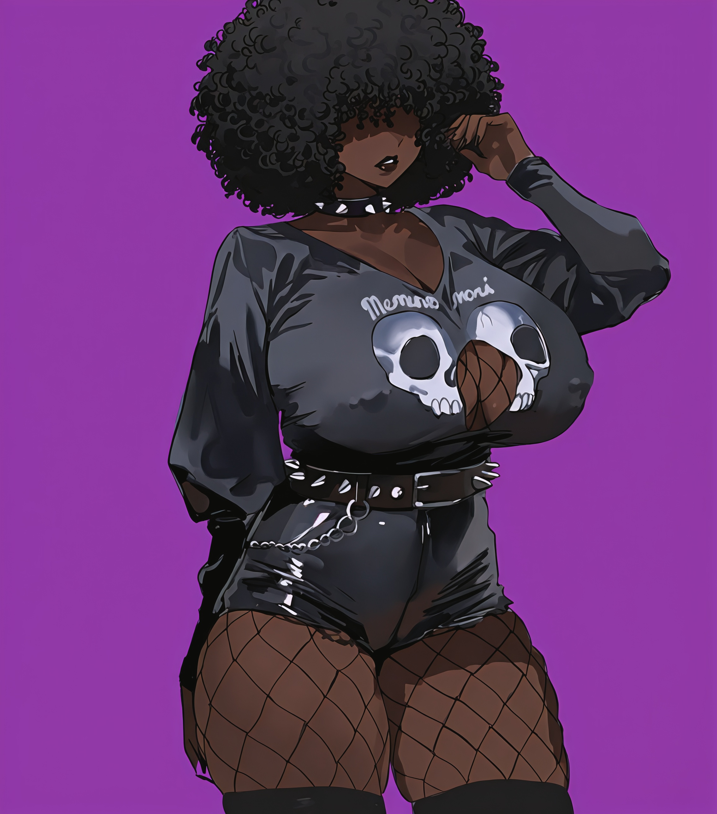 1girls, african female, afro, ai generated, belt, big breasts, black hair, boob window, breasts, choker, dark skin, dark-skinned female, eyes covered, female, female only, fishnets, goth, goth girl, hair covering eyes, leather, leather clothing, leather shorts, nipple piercing, original, original character, pierced nipples, piercing, shorts, solo, solo female, spiked belt, spiked collar, thick, thick lips, thick thighs, thighs