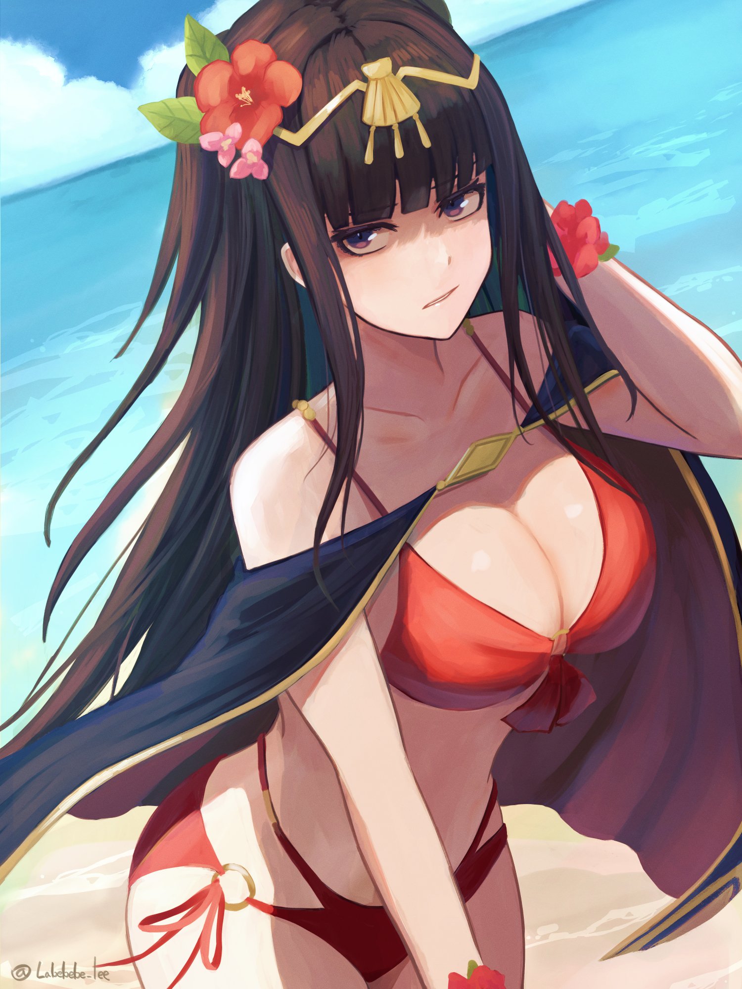 beach, bikini, black hair, breasts, female, fire emblem, fire emblem awakening, fire emblem heroes, labebebe lee, long hair, nintendo, purple eyes, tagme, tharja (fire emblem)