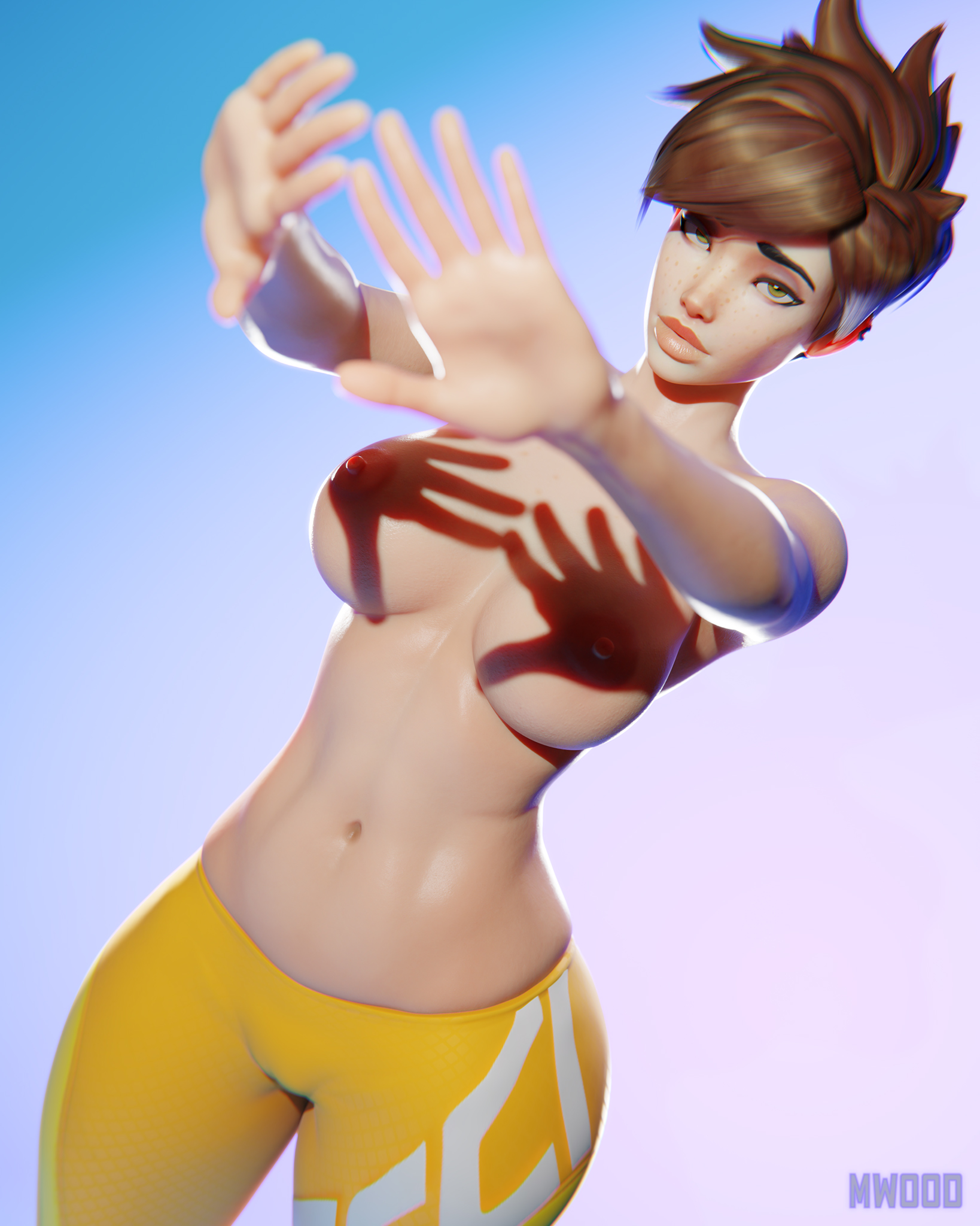 1girls, 3d, 3d (artwork), blizzard entertainment, brown hair, female, female focus, female only, hands casting shadow, leggings, light skin, light-skinned female, medium breasts, mwood, overwatch, short hair, topless, tracer, tracer (overwatch 2 suit), wide hips