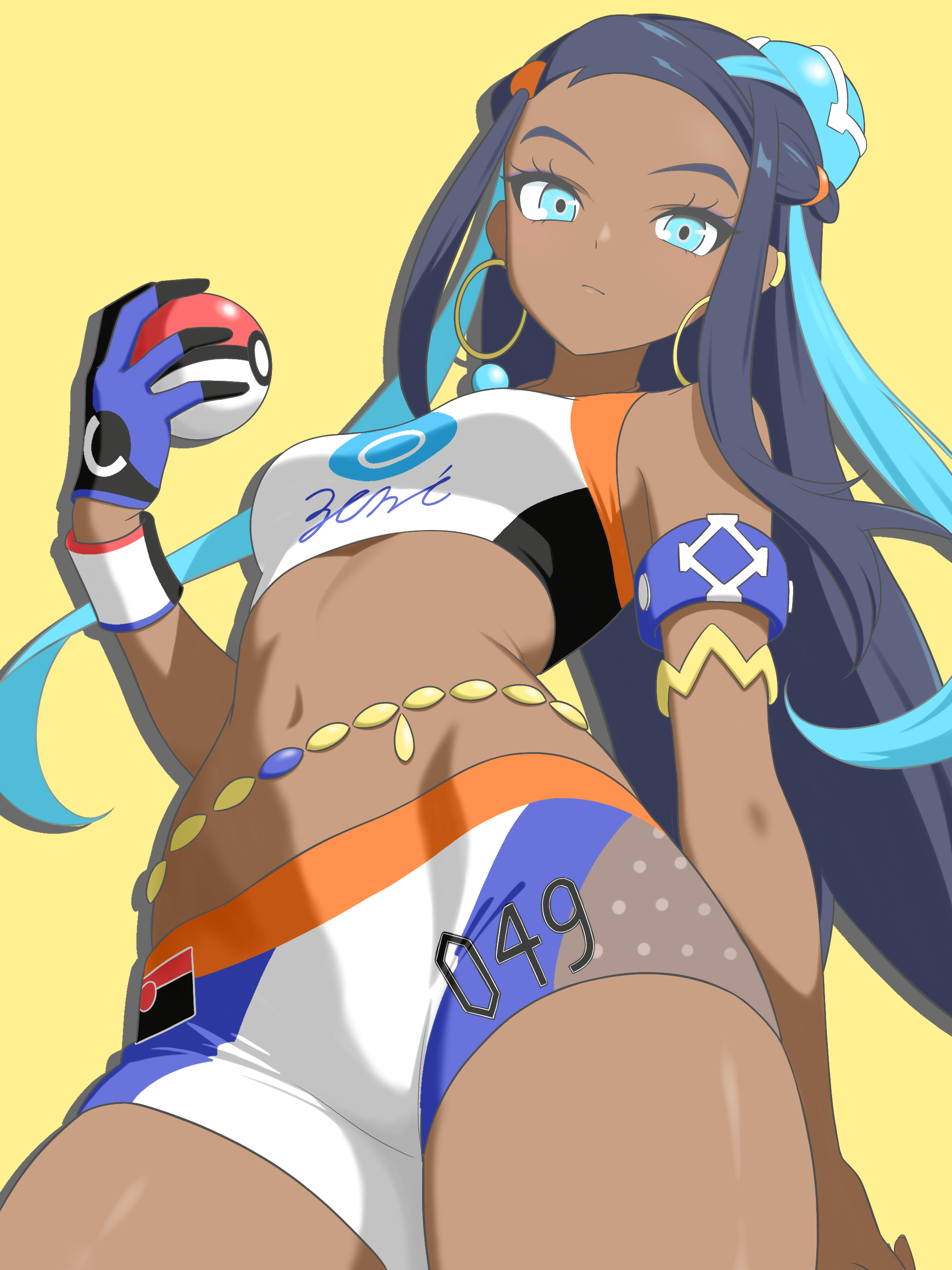 1girls, absurdres, armlet, belly chain, bike shorts, black hair, blue eyes, blue hair, breasts, closed mouth, commentary request, dark skin, dark-skinned female, earclip, earrings, eyelashes, female, female only, gloves, hand up, highres, holding, hoop earrings, jewelry, long hair, looking at viewer, looking down, majikichi915, multicolored hair, nessa (pokemon), nintendo, pokemon, pokemon ss, pokemon swsh, sidelocks, solo, sports bra, two-tone hair