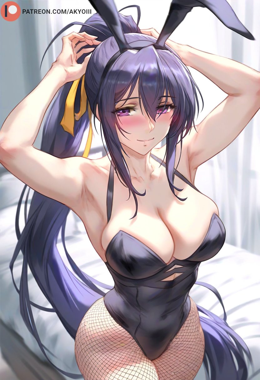 1girls ai_generated akeno_himejima akyoi animal_ears bedroom big_breasts black_hair blush breasts bunny_ears female high_school_dxd leotard light-skinned_female light_skin long_hair looking_at_viewer patreon ponytail purple_eyes ribbon smile solo solo_female thighs very_long_hair