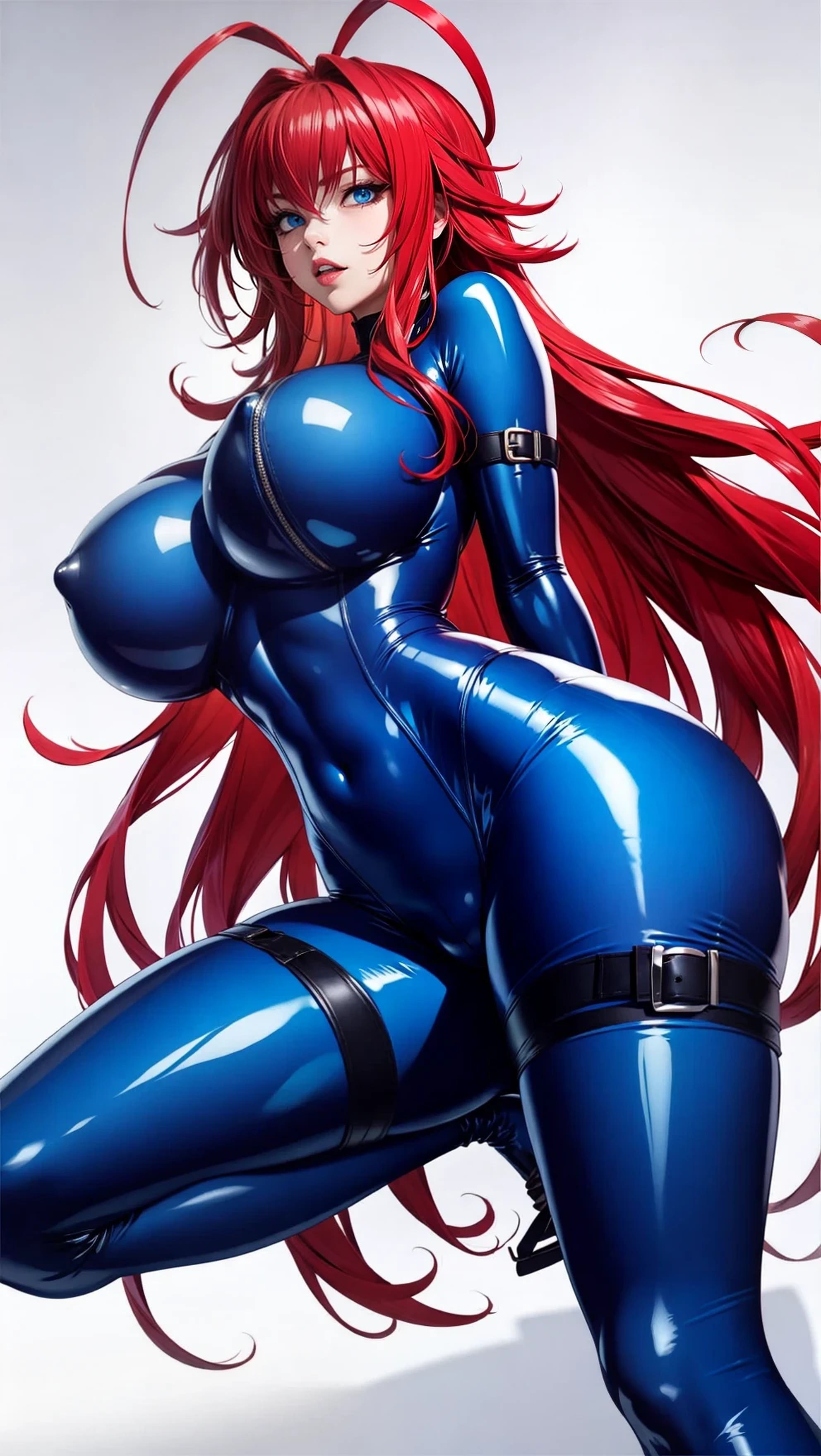 abdomen, abs, ai generated, ass, belly button, big breasts, bodysuit, bondage, breasts, covered navel, covered nipples, erect nipples, female, female focus, female only, focus, from below, high school dxd, huge breasts, large breasts, latex, latex bodysuit, latex clothing, latex suit, latex thighhighs, light, long hair, nipples, red hair, rias gremory, seducing, seduction, seductive, seductive body, seductive eyes, seductive gaze, seductive look, seductive pose, shiny, shiny breasts, shiny hair, skin tight, sky4maleja, standing, thick ass, thick thighs, tight clothing, tights, very long hair, white background, wide hips