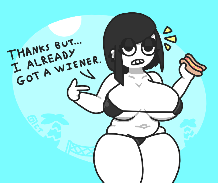 1girls beach big_breasts bikini black_eyes black_hair ear_piercing eyeshadow female_only food goth hotdog huge_breasts large_breasts looking_at_viewer micro_bikini navel octotron2000 original original_character piercing plump pointing short_hair solo solo_female someone_else's_oc text thick_thighs veronica_(saltynoodles) wide_hips