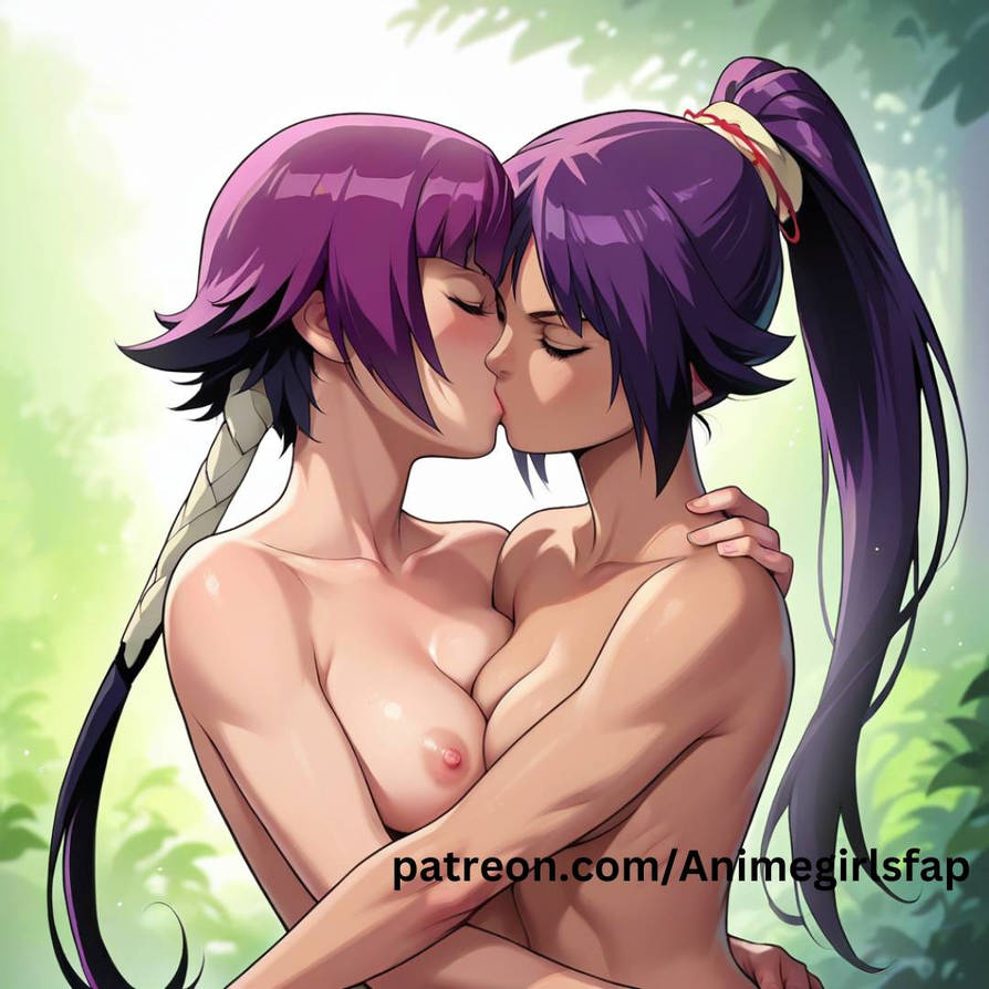 2girls ai_generated animegirlsfap bleach dark-skinned_female interracial_yuri kissing purple_hair shihouin_yoruichi soifon yuri