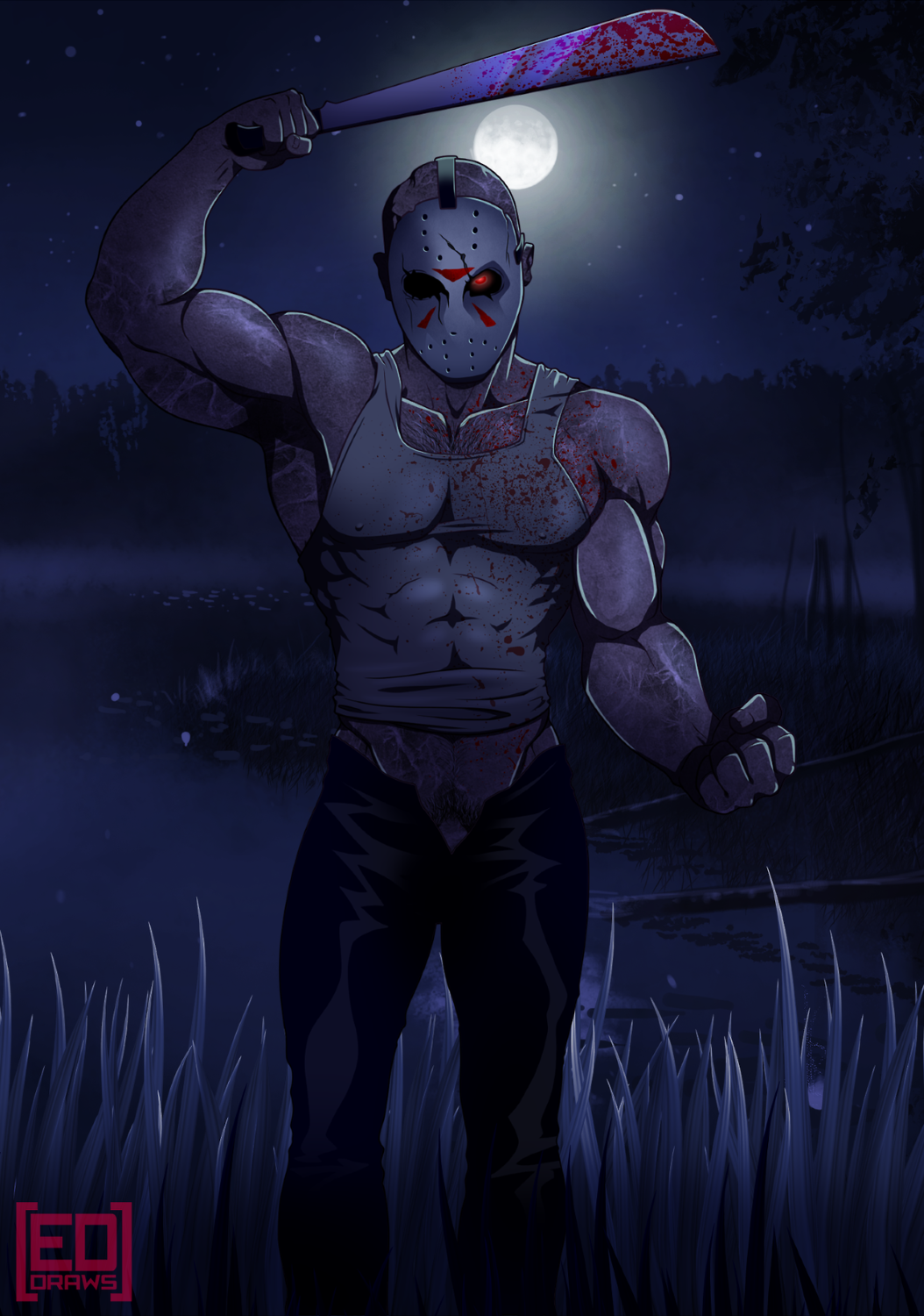 balls bara blood bulge clothing ed_draws flaccid friday_the_13th hockey_mask jason_voorhees machete male male_only mask muscles muscular penis solo solo_male