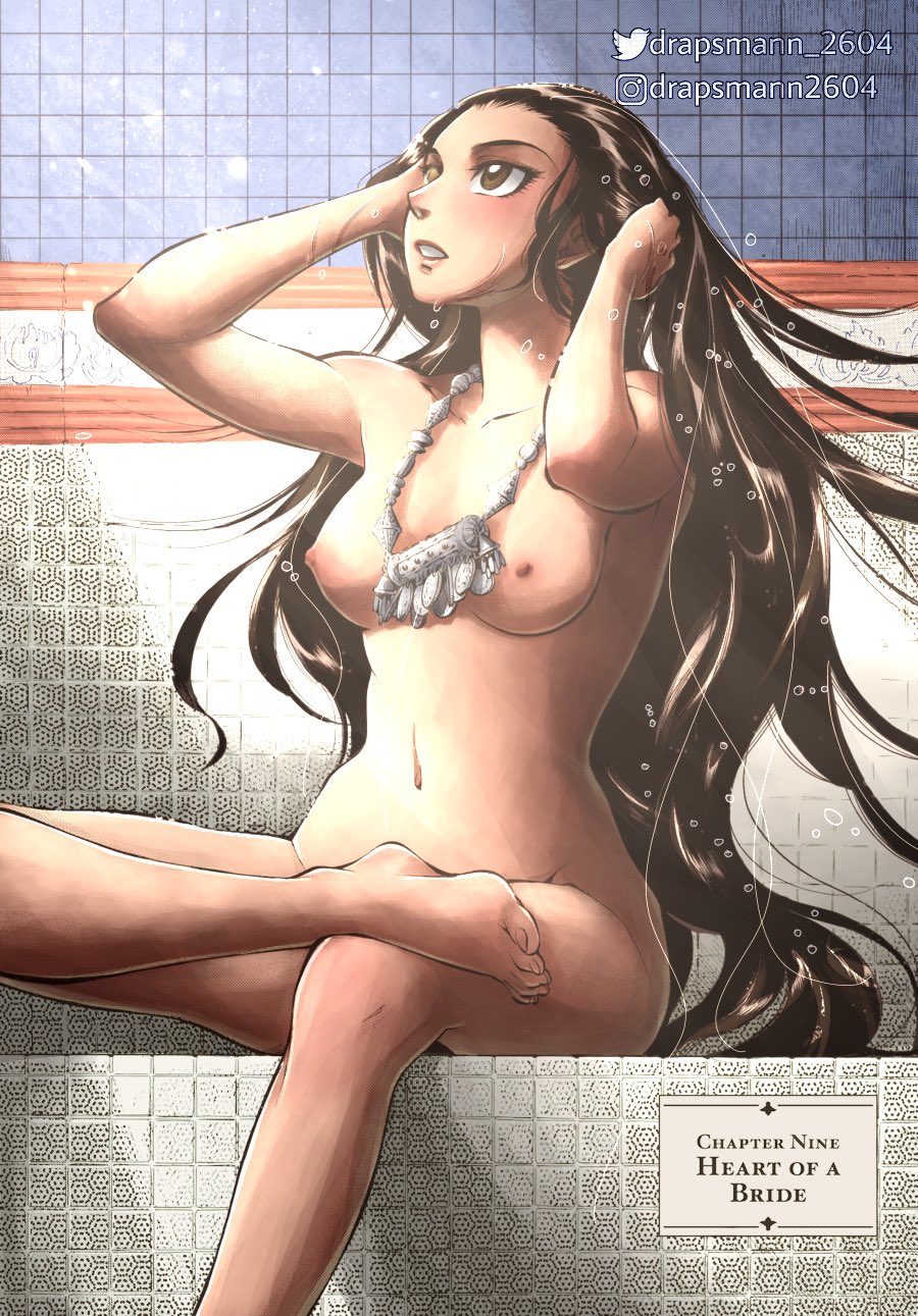 amir_halgal artist_name bathing black_hair blush breasts brown_eyes brown_hair drapsmann_2604 feet female highres instagram_logo instagram_username jewelry long_hair medium_breasts navel necklace nipples non-web_source nude otoyomegatari sitting sunlight teeth toenails toes twitter_logo twitter_username very_long_hair washing_hair wet wet_hair