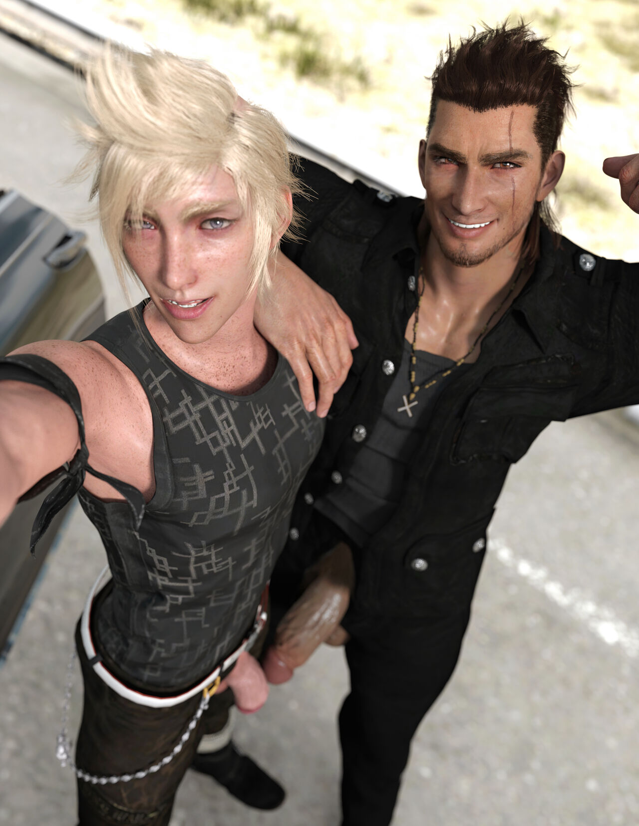 2boys 3d before_sex camera final_fantasy final_fantasy_xv gladiolus_amicitia hdreamsproject looking_at_viewer male_focus male_only outdoors penis presenting_penis prompto_argentum selfie smile tagme undressing yaoi