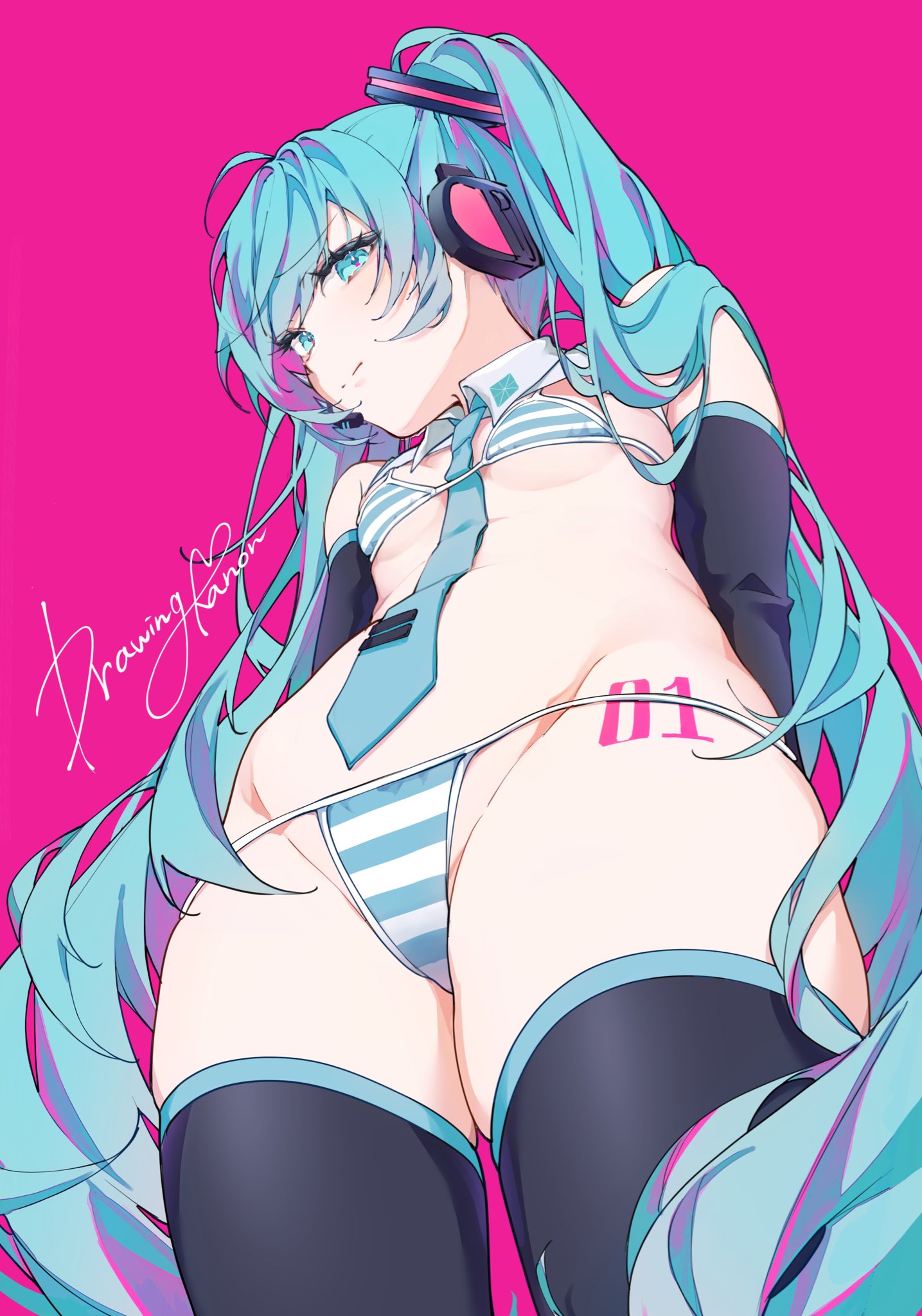 arms_behind_back bikini blue_eyes blue_hair breasts detached_collar detached_sleeves drawing_kanon female from_below hatsune_miku hatsune_miku_(collared_bikini) headset highres long_hair looking_at_viewer meme meme_attire miku_collar_bikini necktie pink_background simple_background small_breasts solo striped_bikini striped_clothes swimsuit thighhighs twintails very_long_hair vocaloid