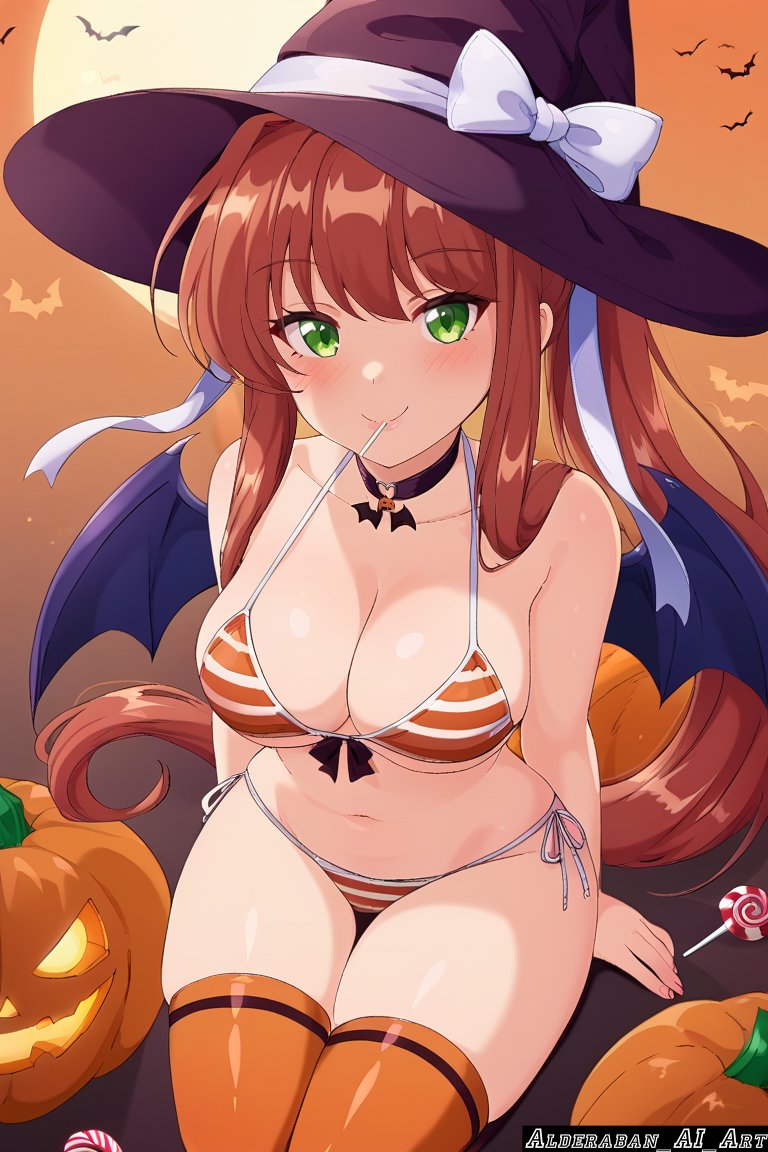 ai generated, alderaban ai art, doki doki literature club, female, halloween, halloween costume, monika (doki doki literature club), panties, solo, solo female, thighhighs, witch, witch costume, witch hat