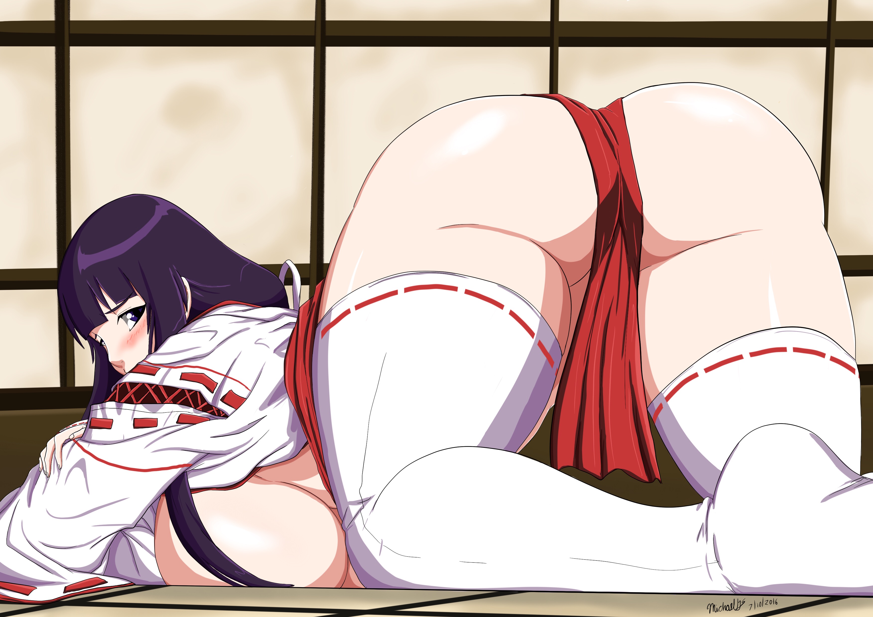 absurdres, ass, blue eyes, blush, breasts, breasts out, female, hair ribbon, hakama, hand on own chest, highres, hime cut, huge breasts, japanese clothes, kirei katayama, loincloth, long hair, looking back, low-tied long hair, lying, miko, ninja-8004, open clothes, original, purple hair, ribbon, ribbon trim, ribbon-trimmed legwear, shattered (ninja-8004), sideboob, sidelocks, solo, thighhighs, top-down bottom-up, white legwear