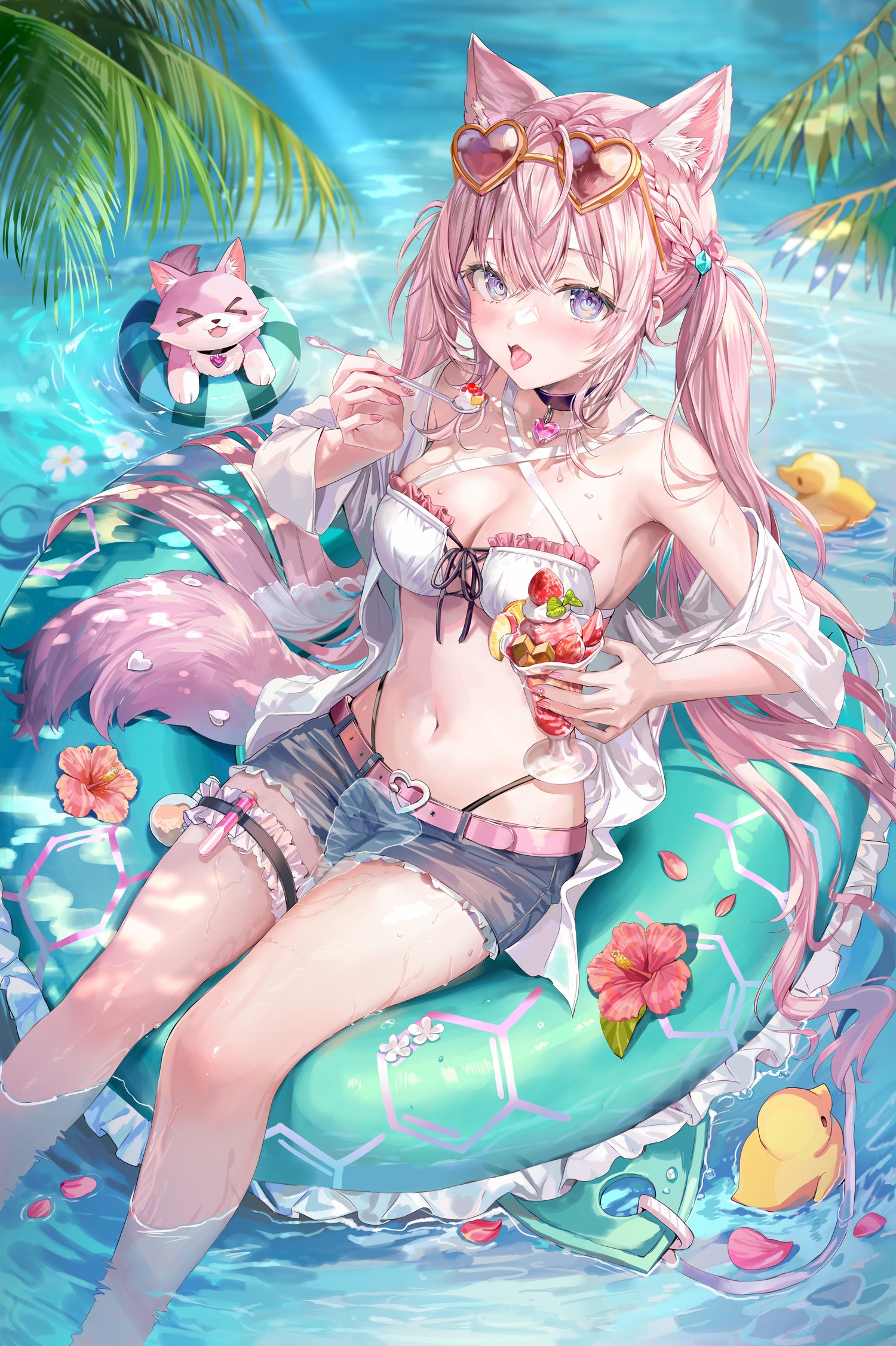 1girls, armpits, bare belly, bare legs, bare shoulders, bare thighs, belly button, belt, bikini, blue shorts, blush, braid, breasts, cleavage, collar, coyote ears, eating, female, female only, fully clothed, hakui koyori, hololive, hololive japan, holox, innertube, long hair, medium breasts, momoko (momopoco), open mouth, partially submerged, pink hair, purple eyes, revealing clothes, shiny skin, short jeans, sunglasses, sunglasses on head, thigh strap, thighs, tongue, tongue out, twintails, virtual youtuber