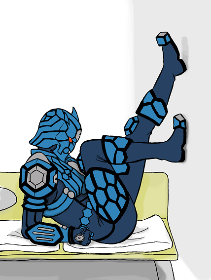 1boy 3_horns against_wall armor bent_legs blue_armor chair cushion cushions facing_away facing_away_from_viewer feet_against_wall feet_on_wall feet_up gravure imagin kamen_rider kamen_rider_den-o_(series) leaning leaning_on_arm legs_up male_focus male_only on_arms on_chair on_seat orange_eyes pinup pinup_pose posing side_view sitting sitting_on_chair solo tucked_legs turtle urataros