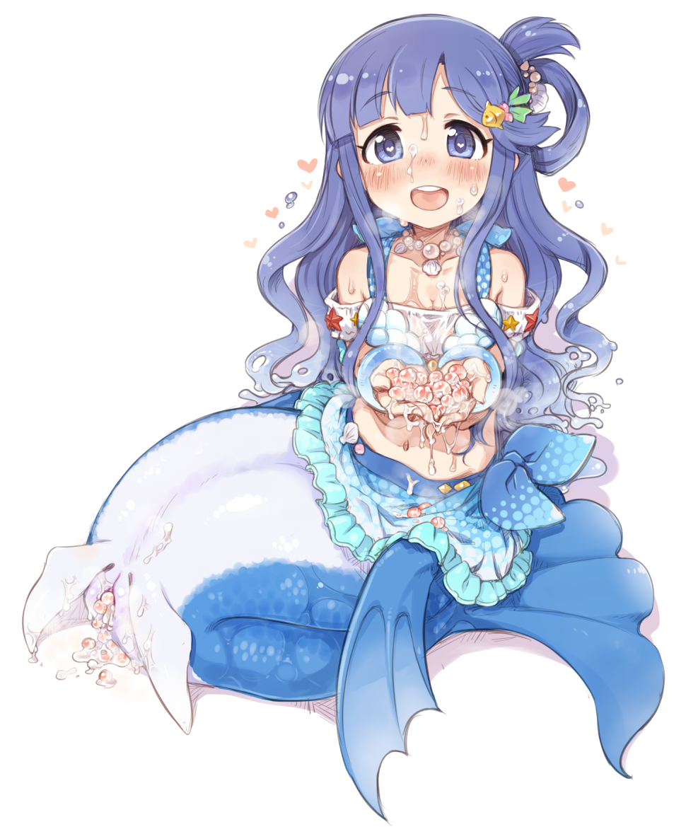 7010 :d asari_nanami blue_eyes blue_hair blush bracelet breasts cleavage egg egg_laying female fish_eggs fish_hair_ornament hair_ornament heart heart-shaped_pupils idolmaster idolmaster_cinderella_girls jewelry long_hair looking_at_viewer mermaid monster_girl open_mouth simple_background smile solo symbol-shaped_pupils white_background