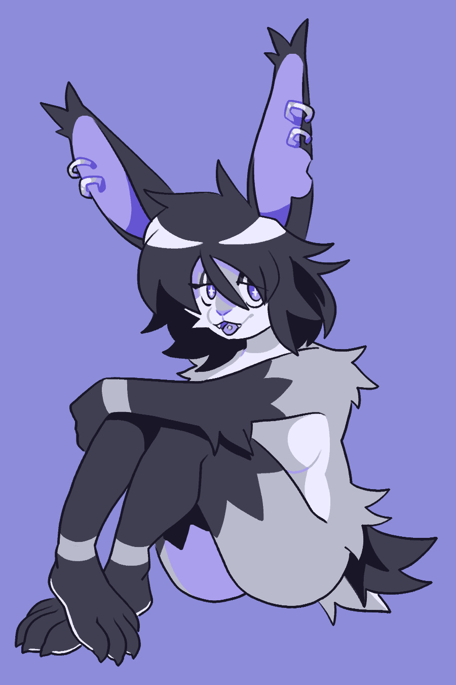 1other 2024 anthro bittenbun black_hair ear_piercing grey_fur lagomorph long_ears naked nude original original_character pointy_ears purple_background purple_theme solo solo_focus tongue_piercing unknown_gender