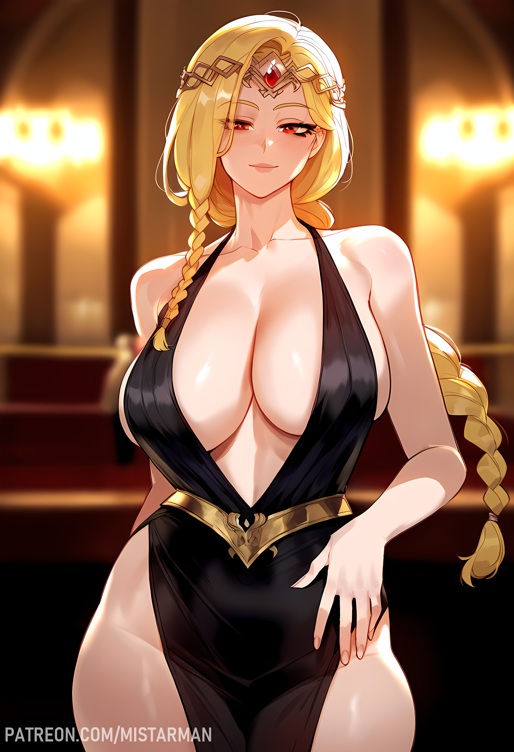 1girls, ai generated, bare arms, bare legs, bare shoulders, bare thighs, big breasts, blonde hair, blush, breasts, clothed, clothing, color, elden ring, female, female focus, female only, fromsoftware, hi res, large breasts, light skin, light-skinned female, long hair, looking at viewer, mistarman, queen, queen marika the eternal, solo, solo female, tagme, thick thighs
