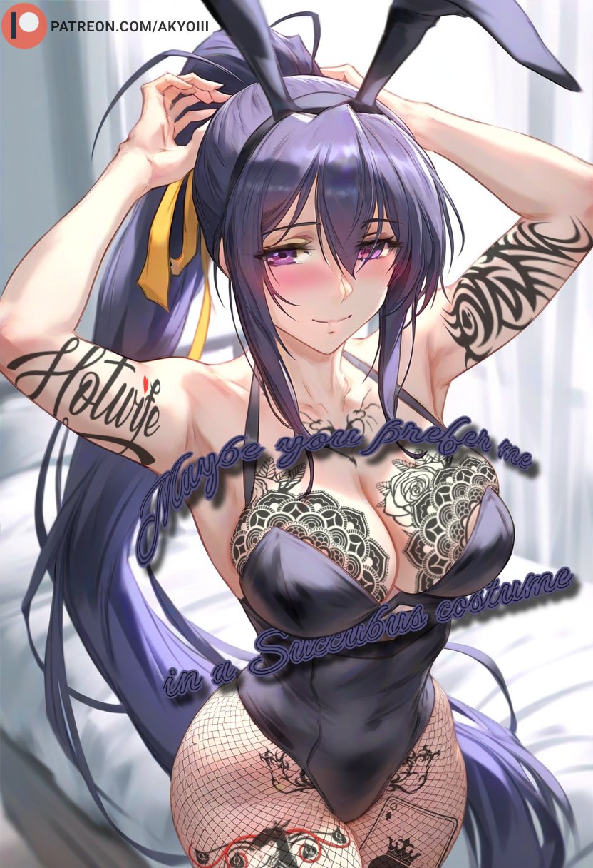 1girls ai_generated akeno_himejima akyoi animal_ears bedroom big_breasts black_hair blush breasts bunny_ears female high_school_dxd leotard light-skinned_female light_skin long_hair looking_at_viewer patreon ponytail purple_eyes queen_of_spades ribbon smile solo solo_female tattoo thighs very_long_hair