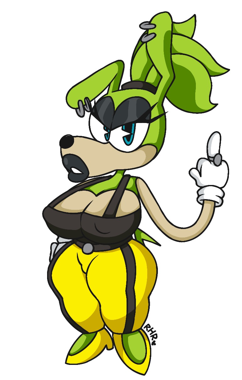 2d_(artwork) bimbo black_lipstick black_tank_top blue_eyes earrings eyelashes furry gloves green_fur heels idw_publishing lips long_arms long_snout middle_finger pac-man_eyes puffy_nipples ring rubbahoes_rat sega shaded signature solo sonic_(series) surge_the_tenrec tenrec thick_thighs toonification toony white_background yellow_pants