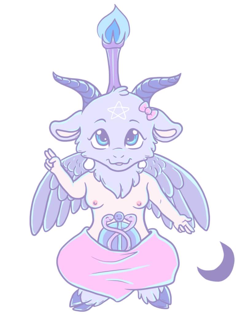 1futa anthro baphomet blue_eyes breasts caprine cute demon diphallia diphallism feathers fire futanari hair_accessory herm horn intersex mammal moon multi_penis nipples penis simple_background skirt smile snake_penis topless wings