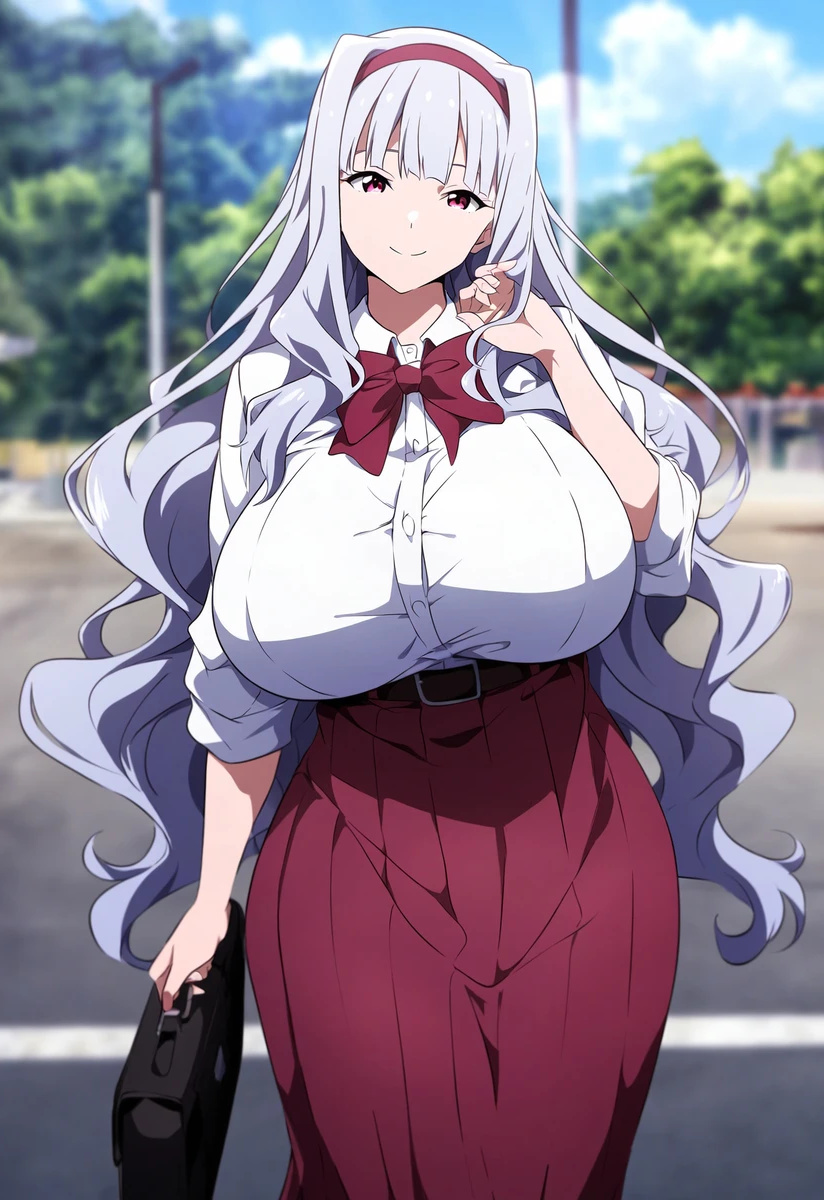 ai_due ai_generated bare_legs gigantic_breasts grey_hair hairband huge_breasts huge_thighs idolmaster idolmaster_(classic) light-skinned_female light_skin long_hair looking_at_viewer massive_breasts pawg pink_eyes shijou_takane smiling solo_female thick_body thick_female thick_thighs thighs voluptuous voluptuous_female