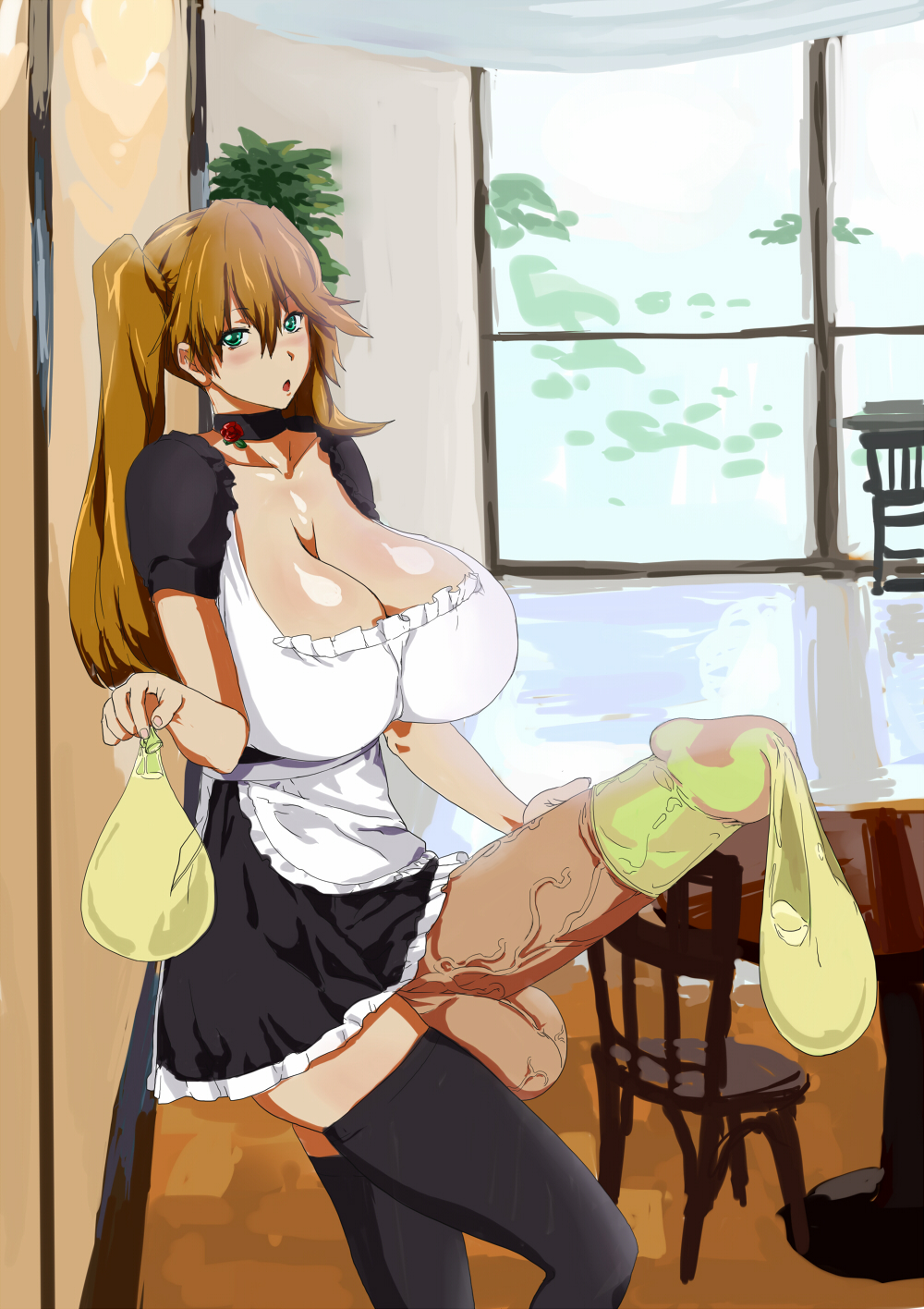 1futa apron bimbo blush breasts brown_hair busty choker cleavage condom condom_filling cum decensored full-package_futanari futa_only futanari green_eyes hair huge_breasts huge_cock hyper hyper_balls hyper_breasts hyper_penis hyper_testicles intersex long_hair looking_at_viewer maid maid_apron maid_uniform open_mouth original penis penis_under_dress solo standing testicles thighhighs tied_hair twintails uncensored used_condom uyorr veins veiny_penis voluptuous