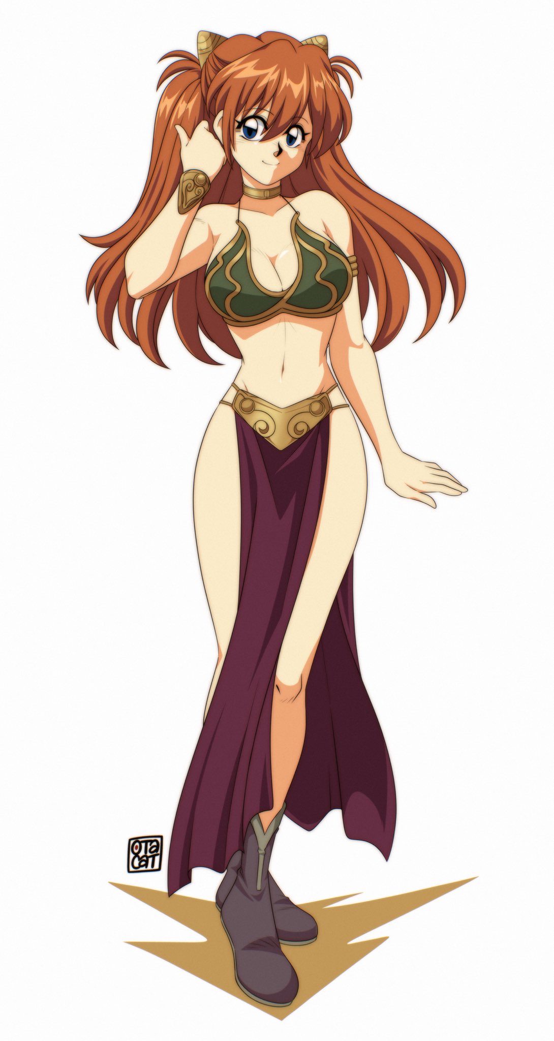 0tacat, 1girls, asuka langley sohryu, belly dancer, belly dancer outfit, big breasts, blue eyes, boots, breasts, brown hair, busty, cleavage, collar, female, female only, fully clothed, harem girl, harem outfit, large breasts, loincloth, long hair, navel, neon genesis evangelion, revealing clothes, skimpy clothes, slave, slave bikini, slave collar, slave girl, slave leia (cosplay), slave outfit, smile, star wars