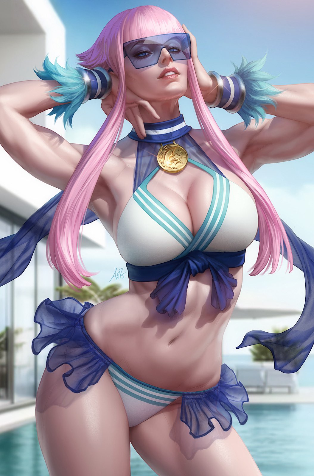 1girls bikini capcom dandon_fuga female female_only fully_clothed manon_legrand pink_hair solo street_fighter street_fighter_6 two_piece_swimsuit