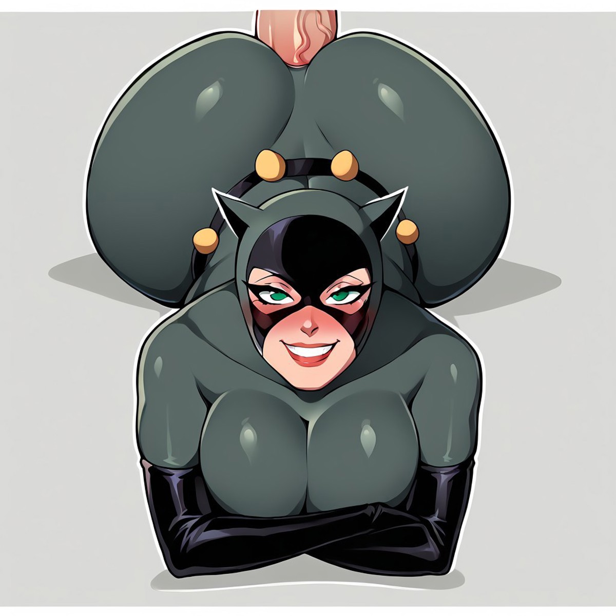 1boy, 1girls, 2024, 2024s, ai generated, anal, anal penetration, anal sex, anal through clothes, ass, batman (series), batman: the animated series, big ass, big breasts, big butt, blush, breasts, catwoman, catwoman (dcau), dc, dc comics, dcau, faceless male, female, female focus, front view, green eyes, male, male penetrating female, male/female, penetration through clothes, selina kyle, simple background, smile, straight, tagme, thick ass, thick butt, white background