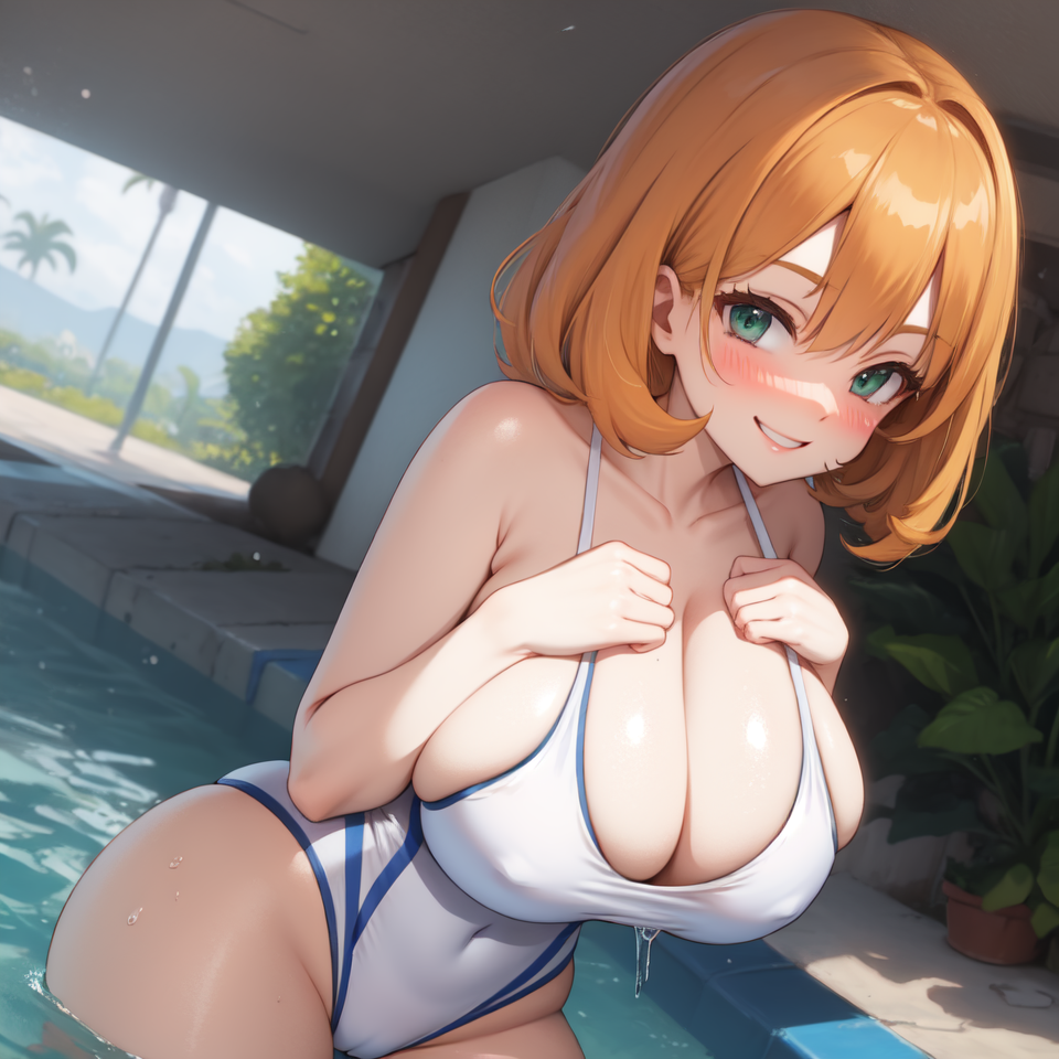 ai_generated bangs bare_shoulders blush breasts cameltoe clavicle cleavage clothing competition_swimsuit covered_navel curvaceous day female female_only green_eyes grin hair_between_eyes hands_on_own_chest highleg highleg_swimsuit huge_breasts indoors kasumi_(pokemon) large_breasts looking_at_viewer misty_(pokemon_hgss) mole mole_on_breast navel one-piece_swimsuit orange_hair outdoors plant pokemon pool poolside shiny shiny_skin short_hair skindentation smile solo swimsuit thick_thighs thighs wading water wet wet_swimsuit white_one-piece_swimsuit white_swimsuit