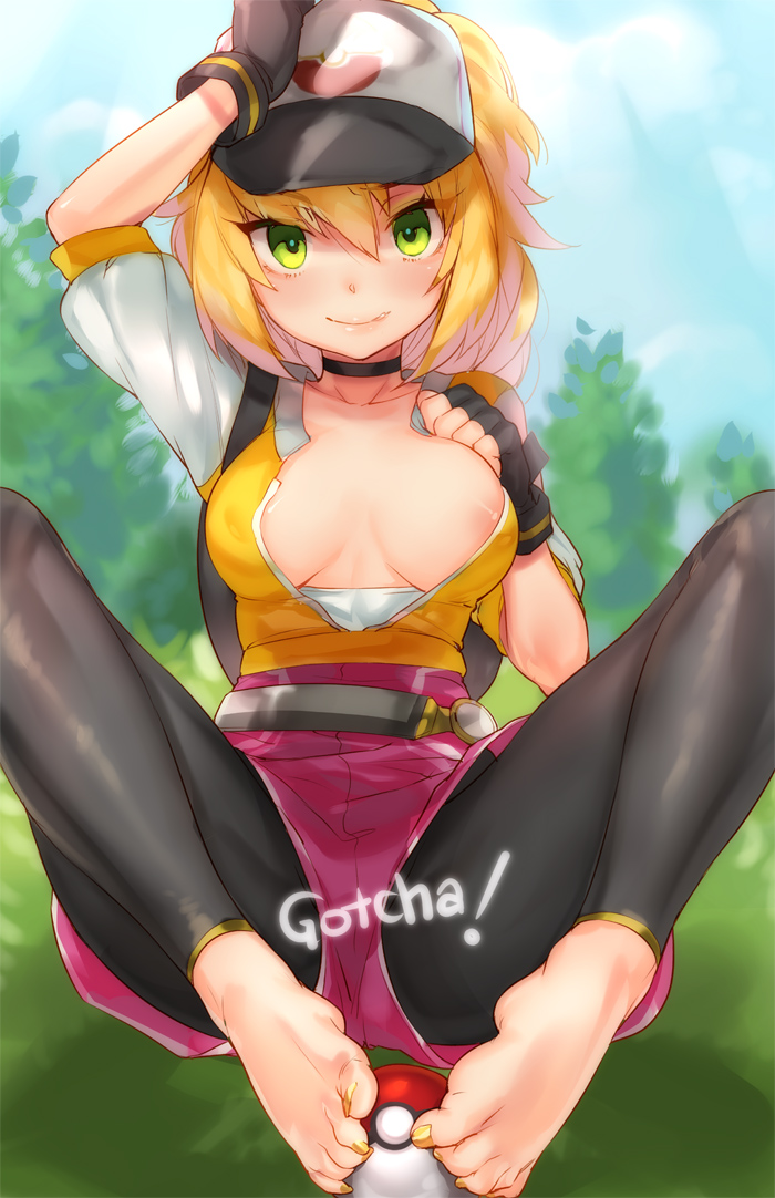 1girls alternate_breast_size areola_slip areolae arm_up backpack bag barefoot baseball_cap belt big_breasts black_gloves black_legwear blonde_hair blush breasts choker cleavage covered_nipples feet female female_only female_protagonist_(pokemon_go) fingerless_gloves footjob gloves green_eyes hair hat headgear human human_only large_breasts long_hair looking_at_viewer naso4 no_shoes pantyhose poke_ball pokemon pokemon_go smile soles solo text toeless_legwear toes