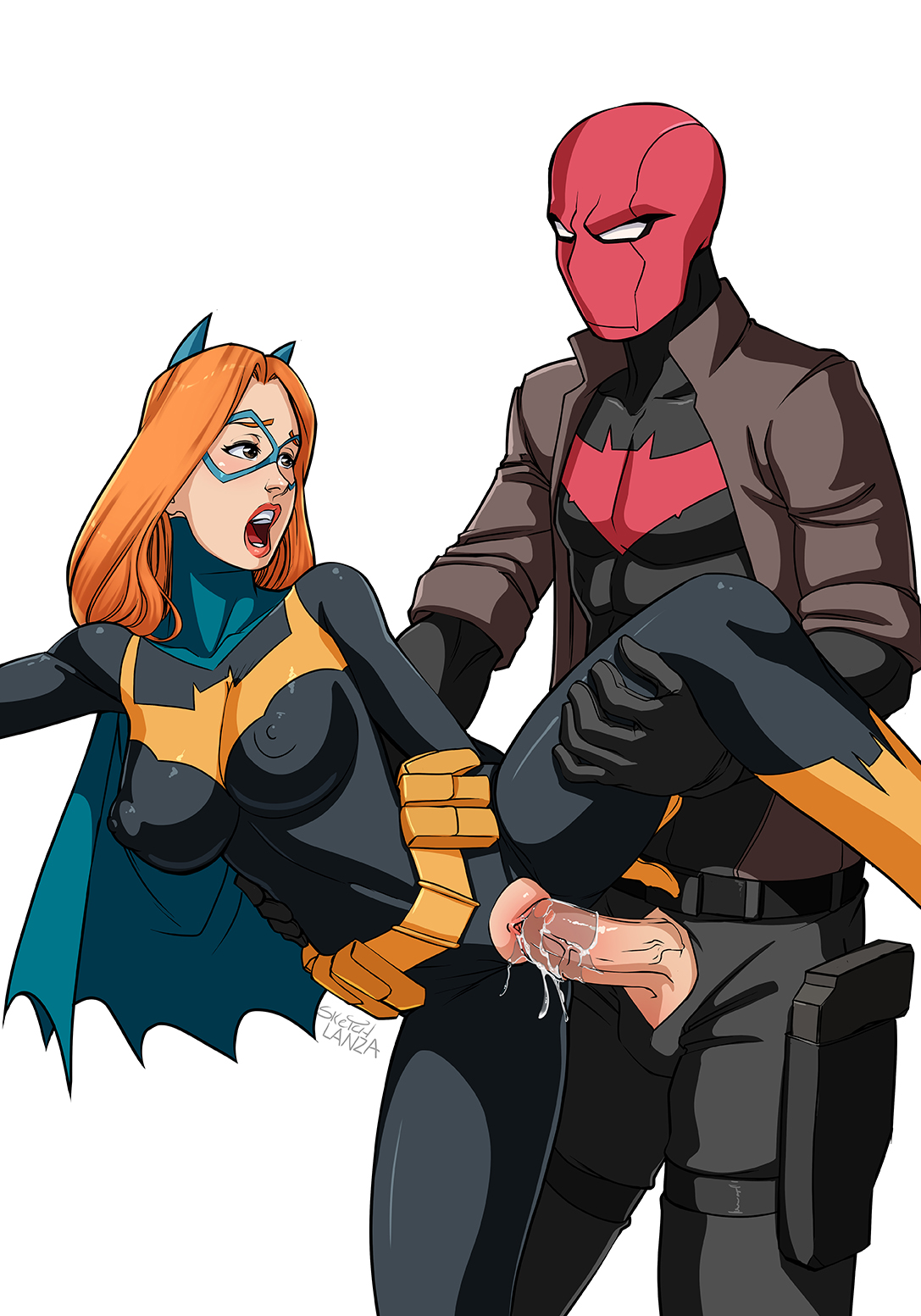 1boy, 1girls, barbara gordon, batbabe, batgirl, batman (series), brown eyes, clothing, cuckolding, cum, cum in pussy, cum inside, dc, dc comics, female, green eyes, jason todd, long hair, male, nightwing (series), nipples visible through clothing, open mouth, orange hair, plain background, pussy, pussy juice, red hair, red hood (dc), redhead, sex, sketchlanza, skin tight, standing sex, straight, vaginal penetration, white background