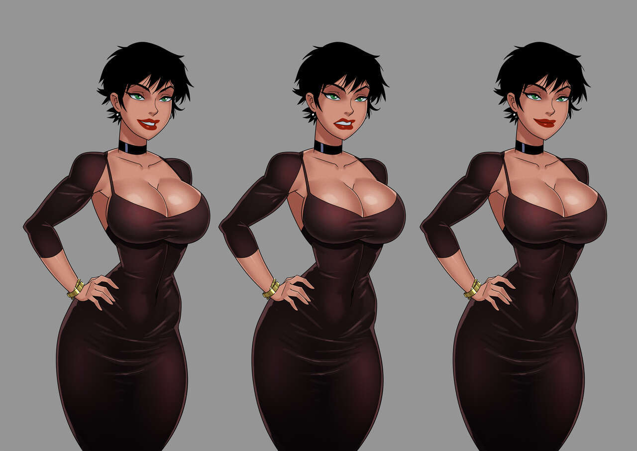 1girls, batman (series), big breasts, black hair, breasts, catwoman, cleavage, dc, dc comics, dress, female, female only, full lips, green eyes, hand on hip, hourglass figure, human, large breasts, light skin, light-skinned female, lipstick, makeup, mature female, selina kyle, short hair, slim waist, solo, solo female, sunsetriders7, thick thighs, wide hips
