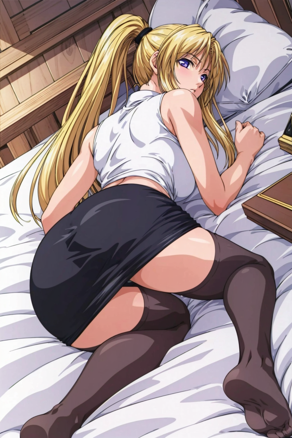 1girls, ai generated, all fours, alternate costume, ass, ass focus, barefoot, before sex, bent over, bible black, big ass, big breasts, blonde hair, blush, book, breasts, casual clothes, curvaceous, curvy, curvy body, curvy female, curvy figure, feet, feet out of frame, female, female only, full body, huge ass, inviting to sex, kneeling, large breasts, looking at viewer, looking back, looking back at viewer, louvai, lying on bed, lying on stomach, midriff, official alternate costume, parted lips, pillow, ponytail, presenting, presenting ass, purple eyes, saeki kaori, sidelocks, skirt, sleeveless, sleeveless shirt, solo, solo focus, stockings, teenage female, teenager, thighhighs, tied hair, top-down bottom-up, very long hair