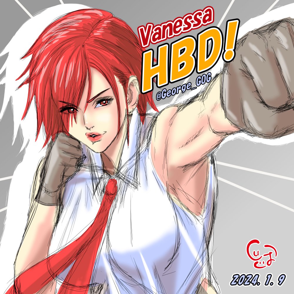 big_breasts big_breasts clothed female gloves king_of_fighters light_skin nipple_bulge red_eyes red_hair red_tie shirt short_hair tie vanessa_(kof) white_shirt