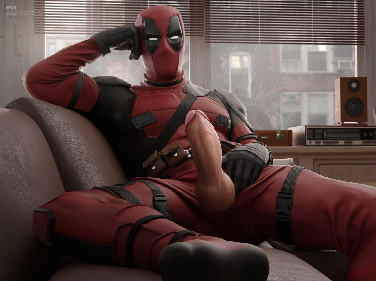 abs appasart bara barefoot big_penis couch deadpool feet foot_up leaning_on_elbow legs_spread looking_at_viewer male_focus marvel marvel_comics mask muscle nipples nude pecs penis penis_out penis_through_fly presenting presenting_penis scar sitting solo_focus toes wade_wilson window x-men