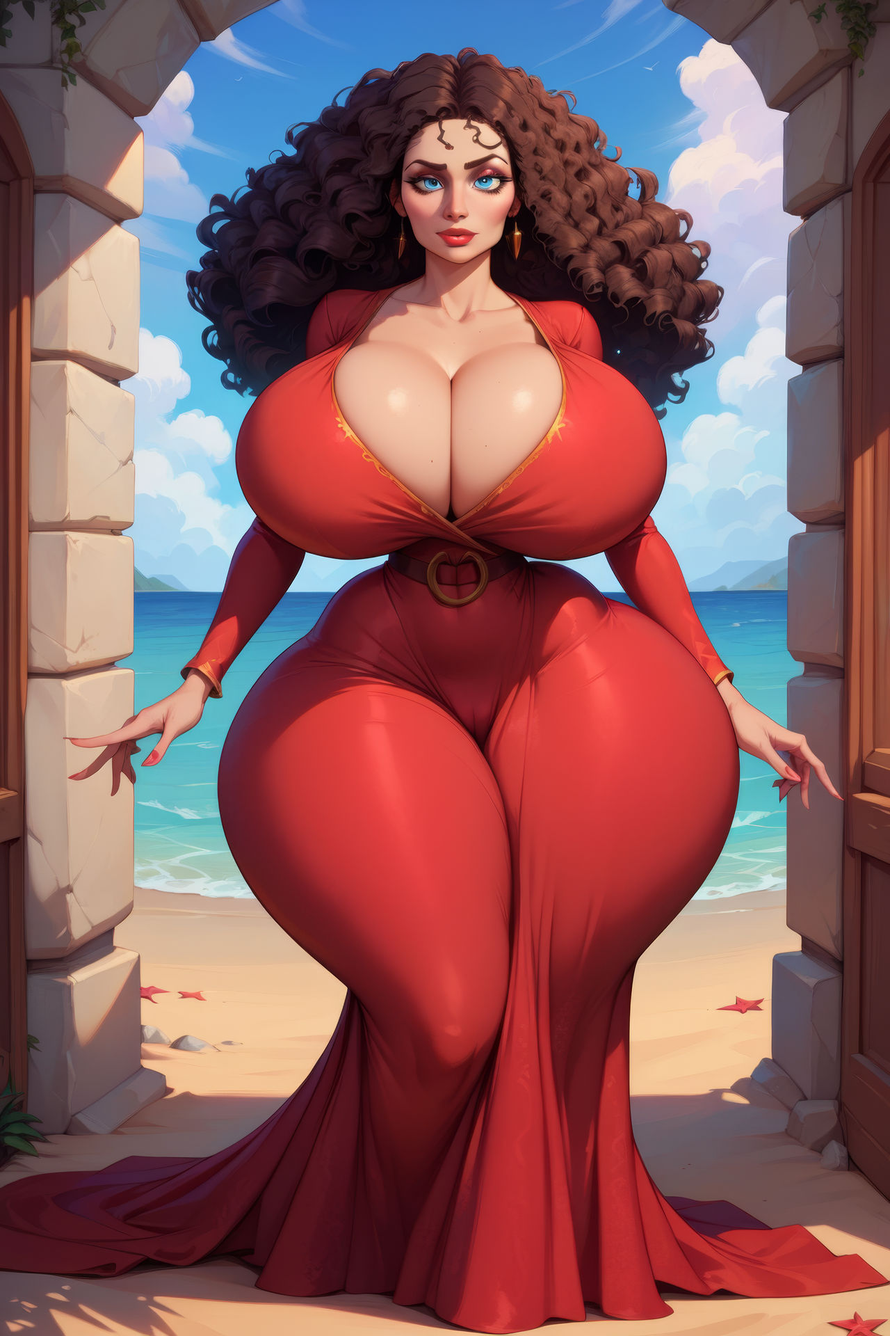 1girls ai_generated beach big_ass big_breasts blue_eyes brown_hair brunette dark_hair disney disney_villains dress dumptruck_ass eyeshadow fat_ass fat_breasts female_only gigantic_ass gigantic_breasts hotcartoonai hourglass_figure hyper_ass hyper_breasts hyper_hourglass indoors lard_ass looking_at_viewer looking_back milf mommy mother_gothel narrow_waist pawg red_dress solo solo_female standing tagme thick_thighs villainess wide_hips