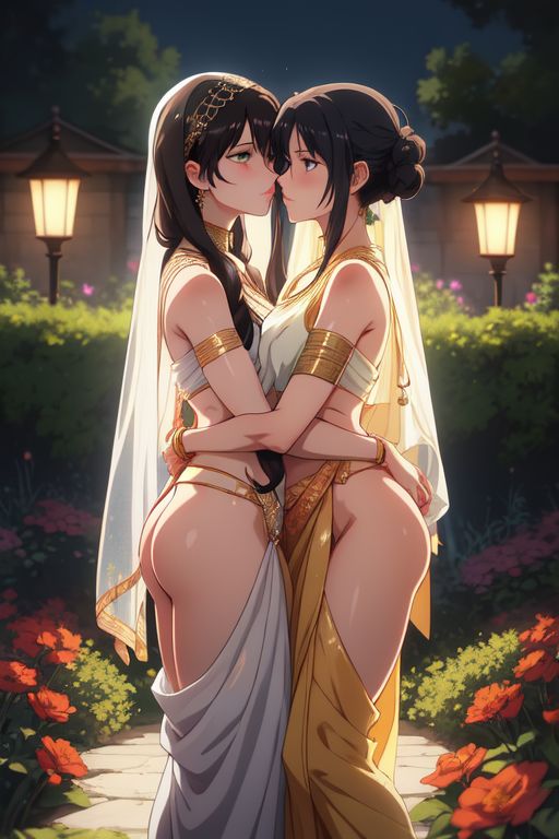 2girls ai_generated black_hair blue_eyes brown_hair exposed_ass exposed_butt from_side green_eyes half-dressed hugging indian indian_clothes indian_female light-skinned_female light_skin loose_clothes no_panties saree sari slim standing yuri