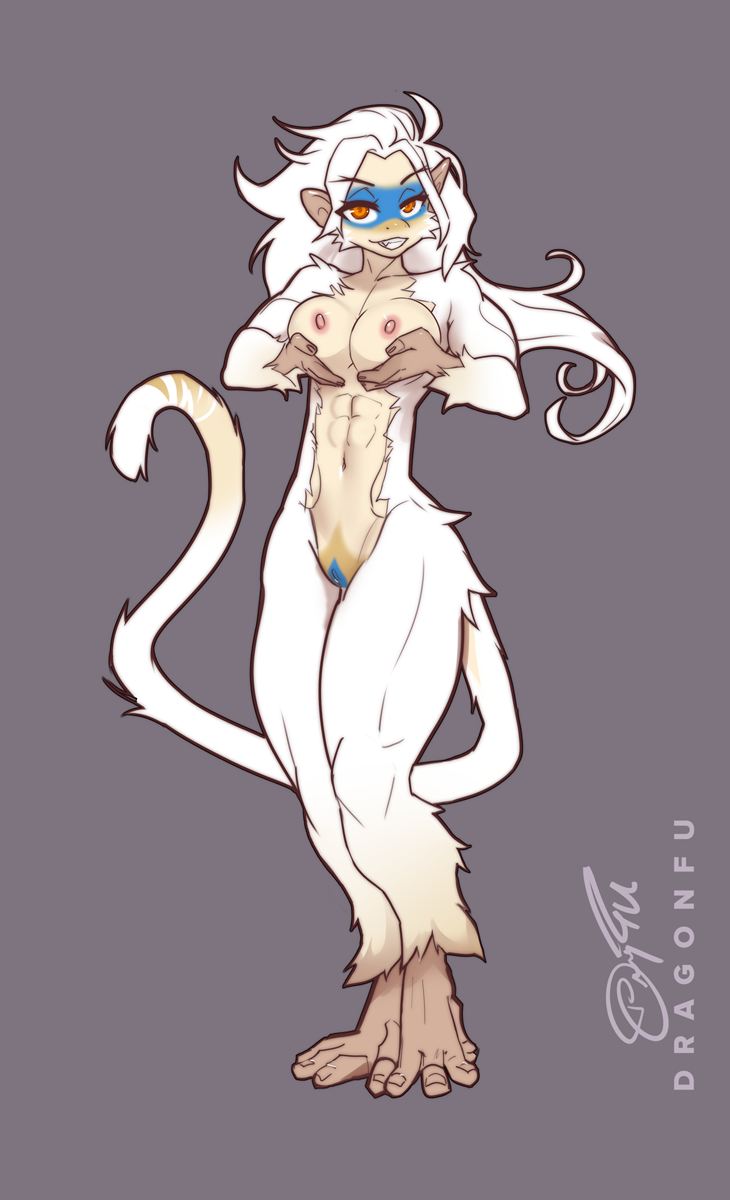 anthro breasts dragonfu female fur genitals hair haplorhine hi_res mammal markings monkey navel nipples nude primate pussy solo white_body white_fur white_hair