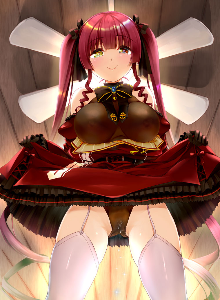 bare_shoulders blush breasts clothes_lift covered_nipples cowboy_shot dress dress_lift female garter_straps gothic_lolita heart heart-shaped_pupils heterochromia hololive houshou_marine kameburning large_breasts lolita_fashion long_hair looking_at_viewer looking_down pussy_juice pussy_juice_drip_through_clothes red_eyes red_hair smile solo symbol-shaped_pupils thighhighs twintails very_long_hair virtual_youtuber yellow_eyes