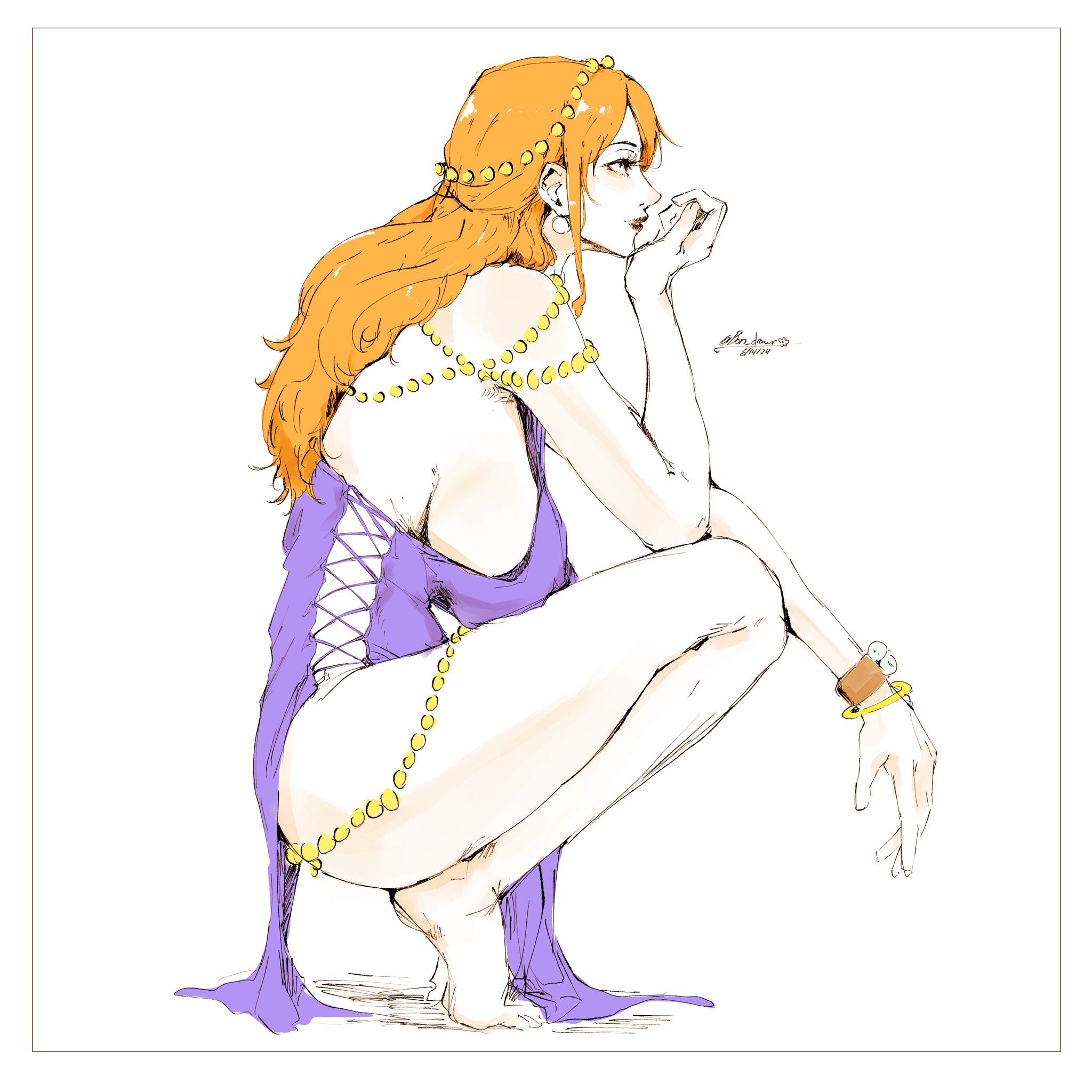 1girls, 2d, 2d (artwork), barefoot, big breasts, bon drawr, breasts, dress, female, female focus, female only, large breasts, light skin, light-skinned female, nami (one piece), nami (one piece) (zou), one piece, one piece: zou arc, orange hair, orange-haired female, post-timeskip, purple dress