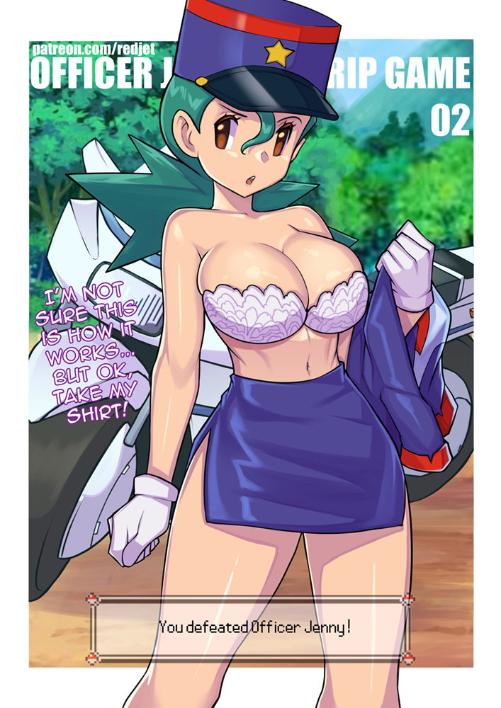 1girls blue_hair bra breasts cleavage english_text female female_focus female_only green_hair hat motorcycle officer_jenny_(pokemon) outdoors pokemon police police_hat police_officer police_uniform policewoman redjet skirt solo solo_female solo_focus spiky_hair teal_hair undressing